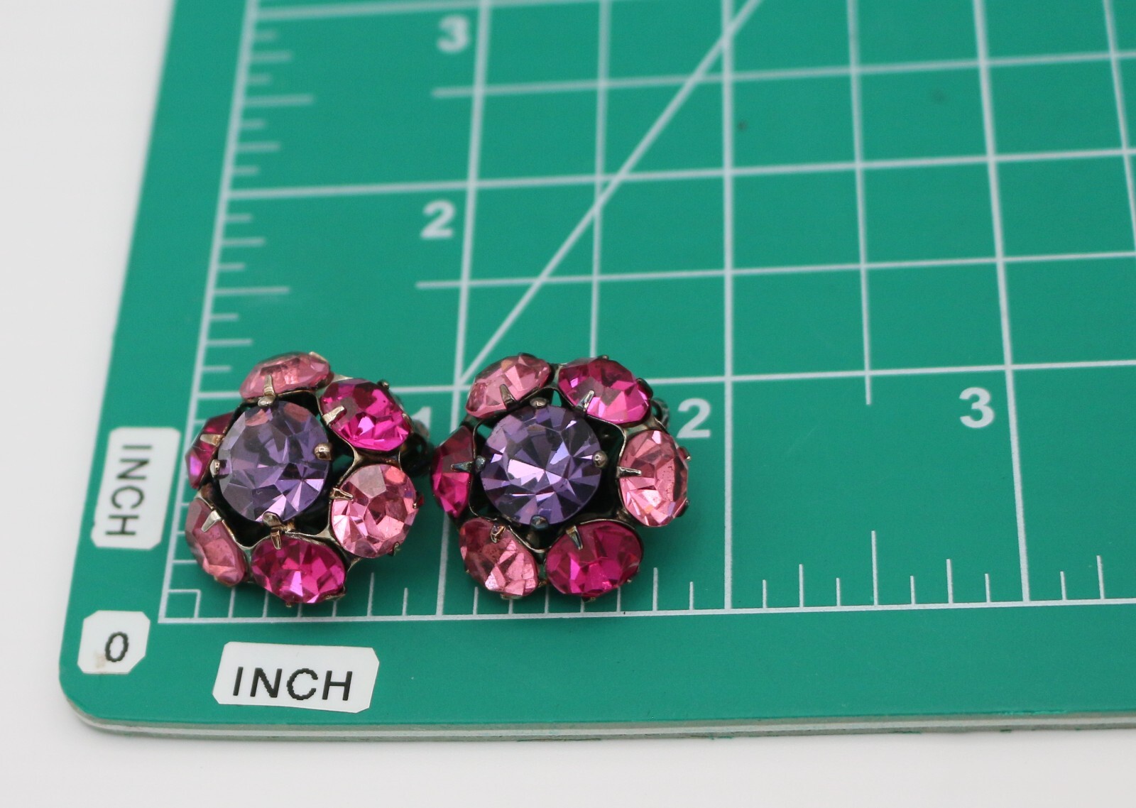 Lovely Vintage Pink & Purple Rhinestone Flower Shape Gunmetal Clip On Earrings