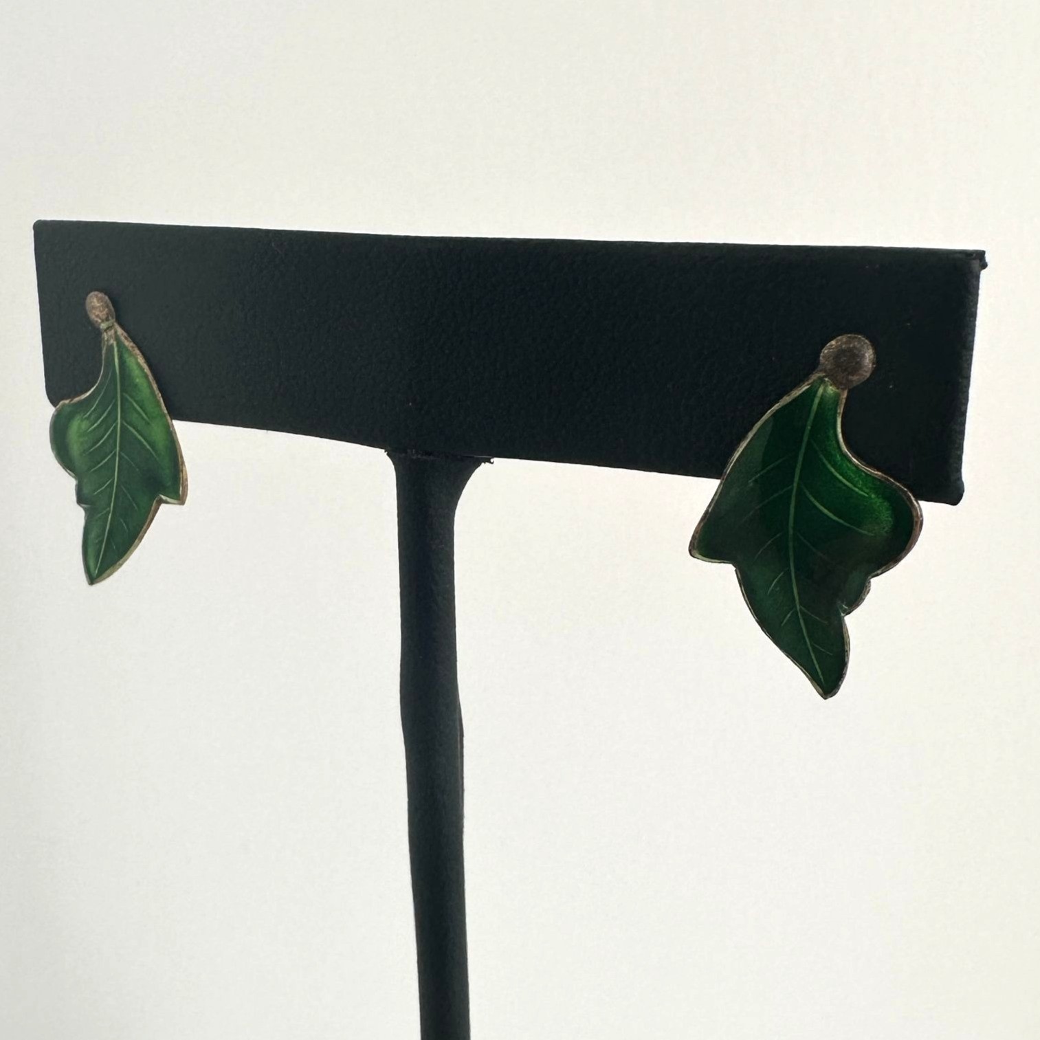 1950s Sterling Silver Green Enamel Leaf Earrings Gold Wash Two Tone Post Backs