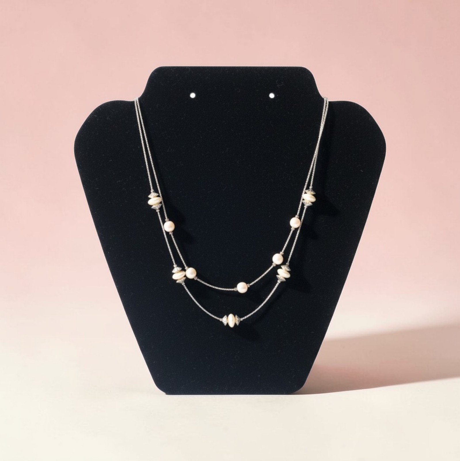 18″ Double Strand Gold-toned Chains W/Light-Colored Beads With Spacers Necklace