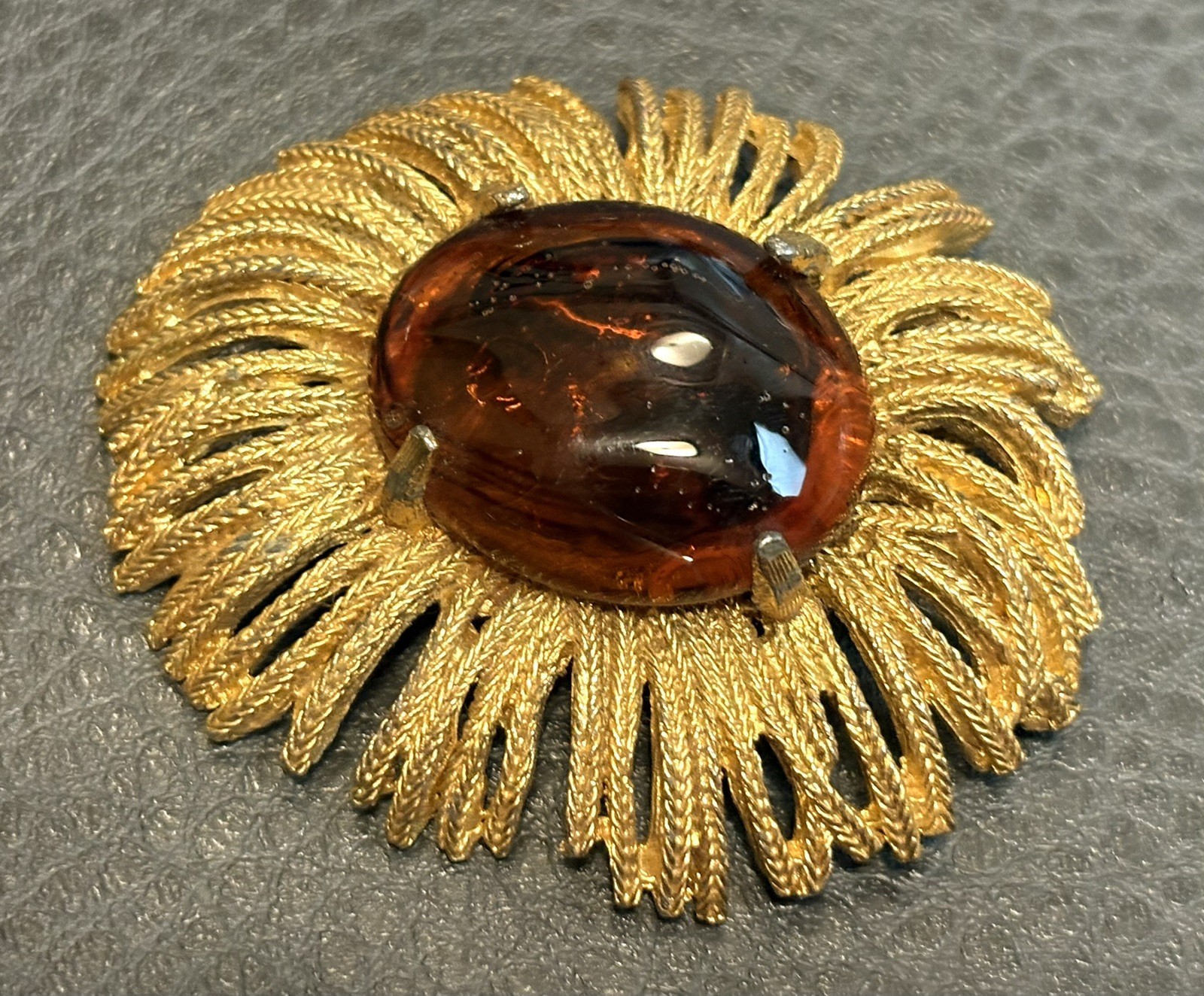 Vintage HUGE Modernist Brutalist Brooch Faux Amber Cabochon Rhinestone Gold Tone