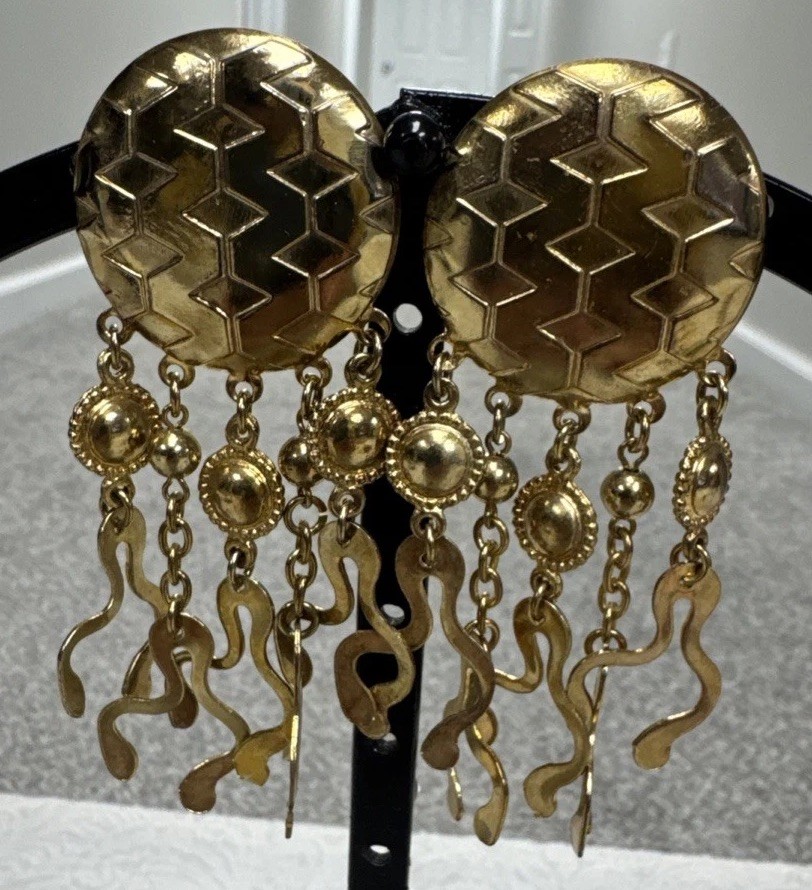 Vintage Gold-Tone Multi-Chain Dangle Artistic Octopus Statement 3.5” Earrings