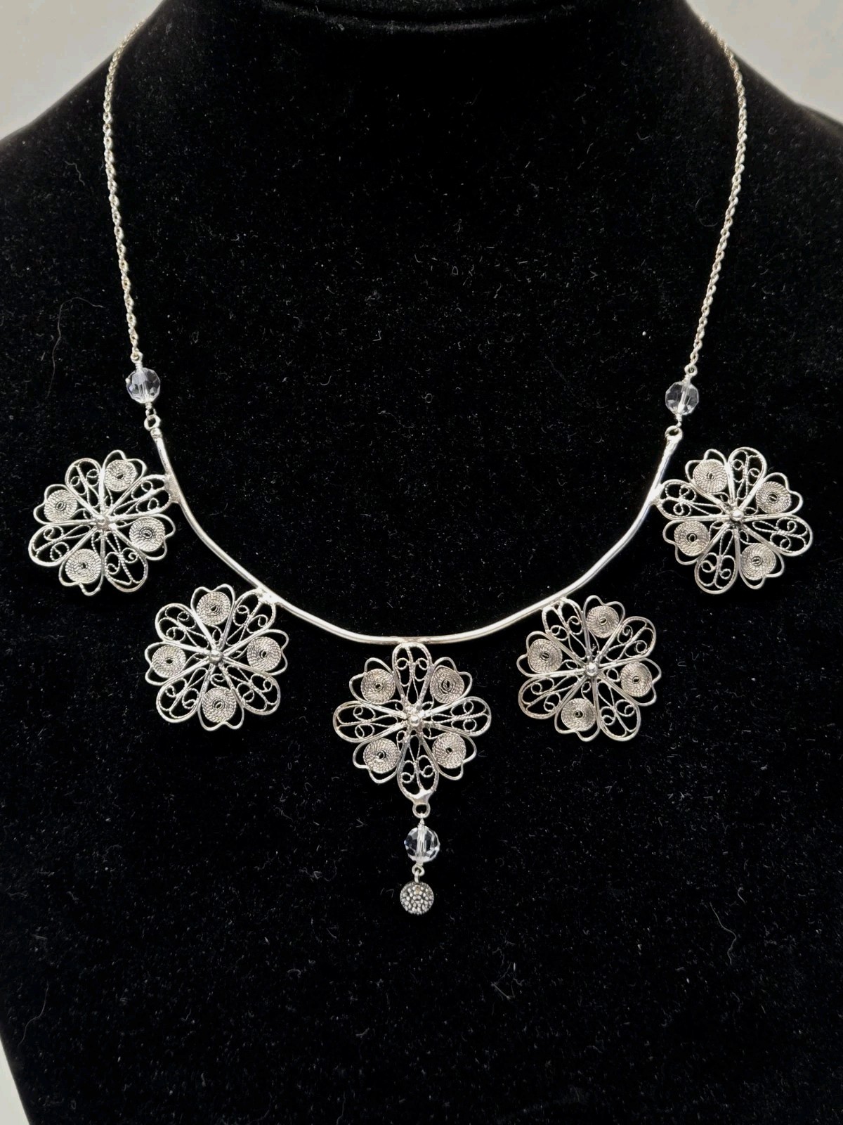 Vintage Sterling Silver Cannetille Filigree Flower Pendant Necklace 18″ 15.5 Gr