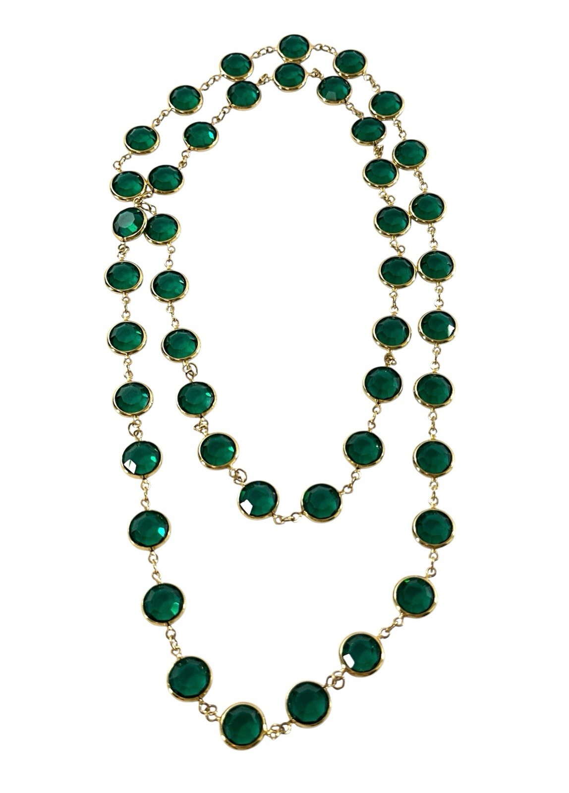 Long Gold Tone Emerald Green Crystal Station Necklace Faceted Bezel Set 36”