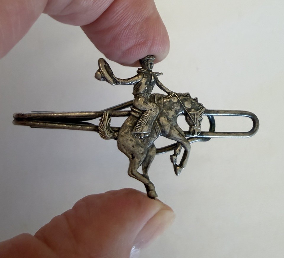 Vintage Cowboy & Horse Tie Clip Western Ranch Rodeo Silver Plated 2.5”