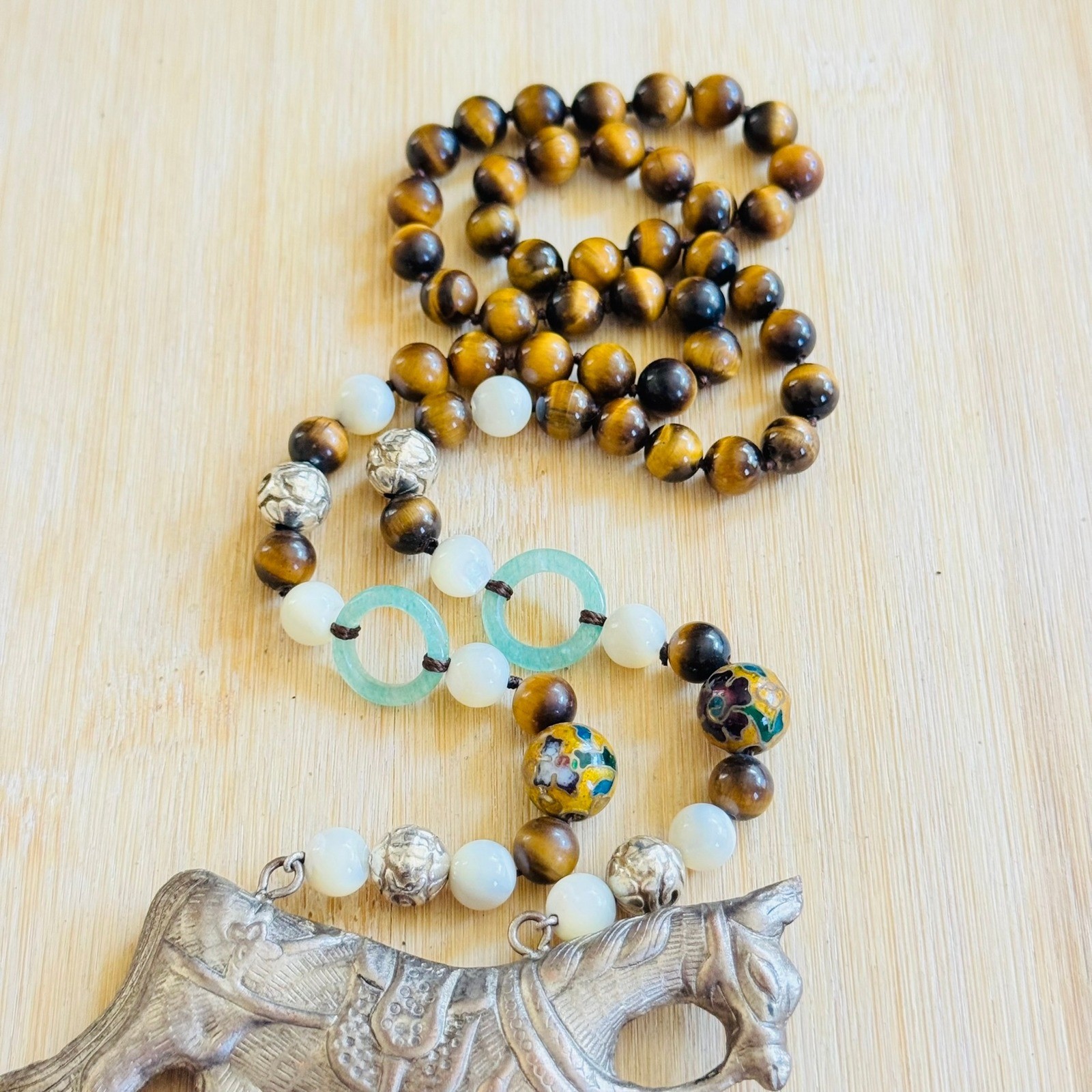 VTG Horse Equestrian Necklace Statement Cloisonne Tiger’s Eye Jade Stone Beads
