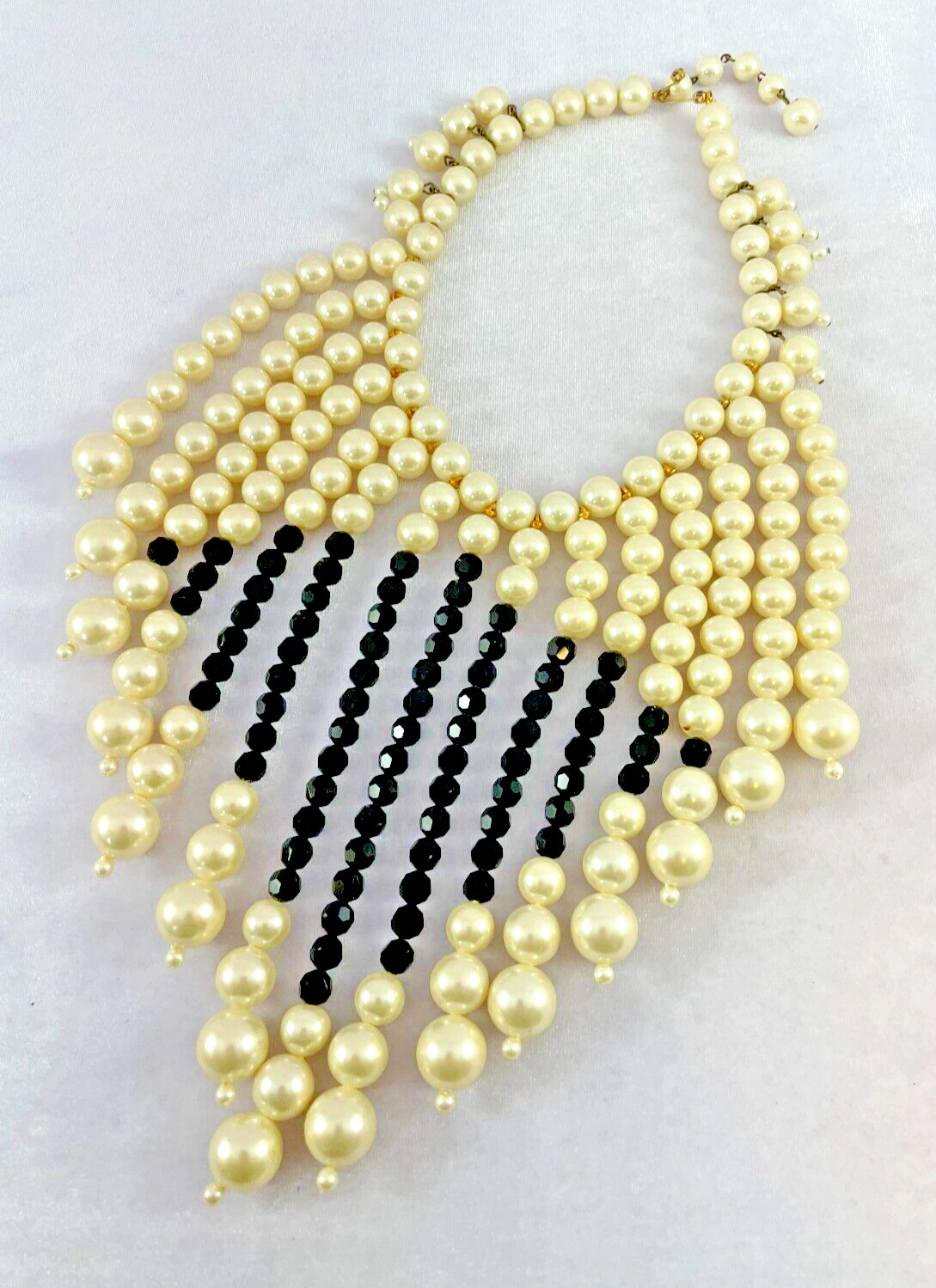 Vtg MARVELLA Fringe Bib Collar Faux Pearl Black Faceted Crystal Choker Necklace