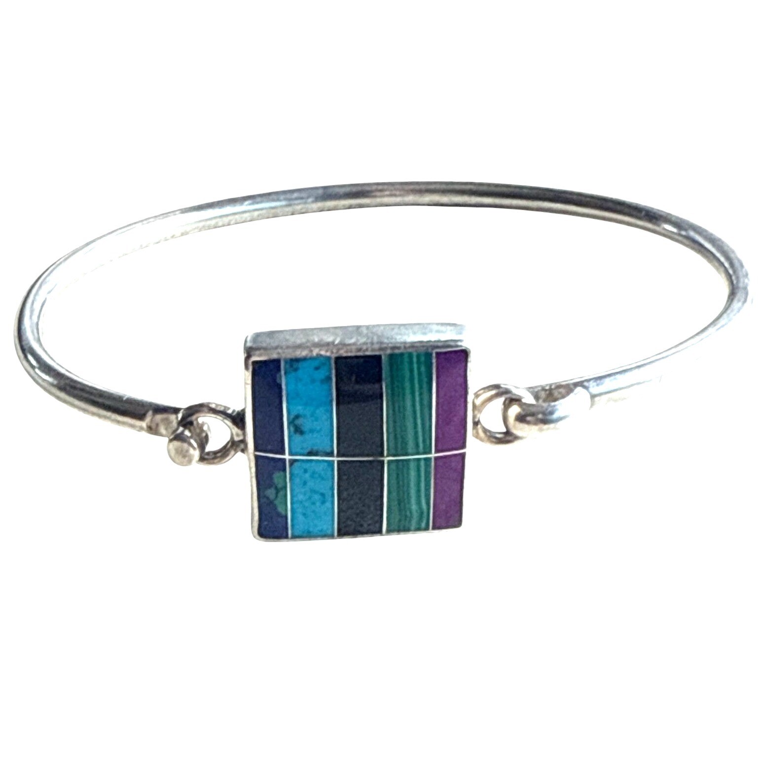 Vintage CII Mexico Sterling Silver Bracelet W/ Inlaid Multicolor Gemstone Panel