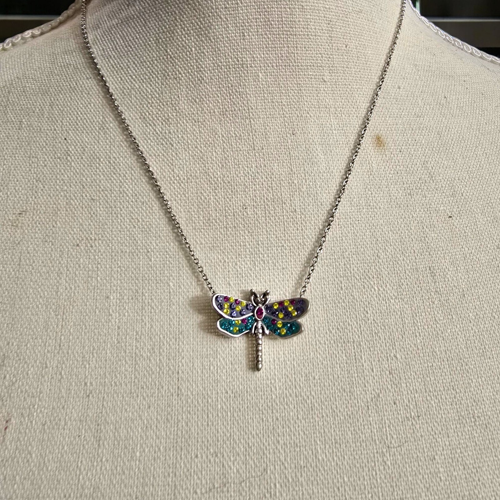 Necklace Small Dragonfly Pendant Multicolor Rhinestones Silver Tone 16″ SKU 2241