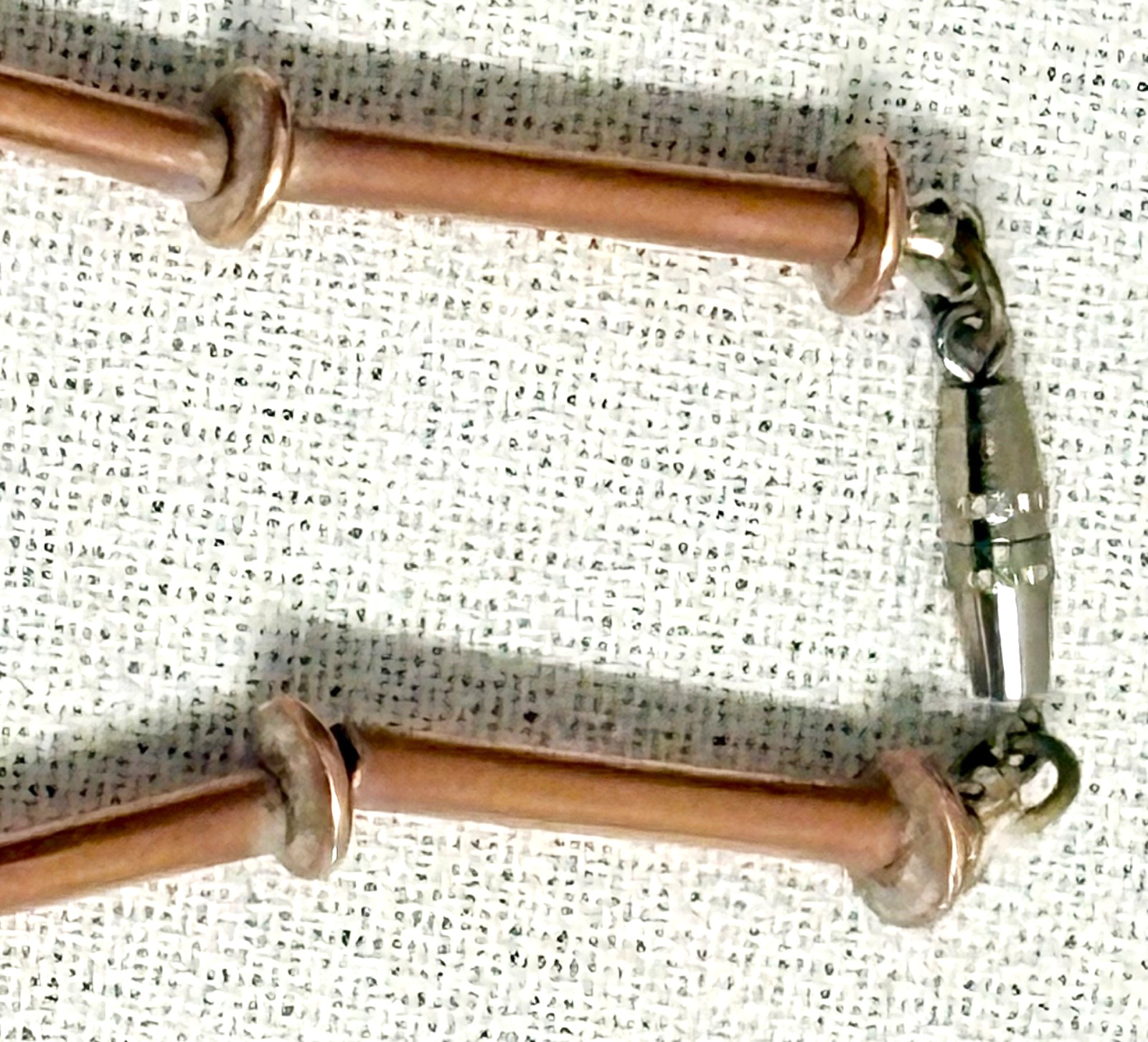 VTG. Unusual Copper Tubing & Mother of Pearl Fish Fetish Necklace, 32”, 10 Fish