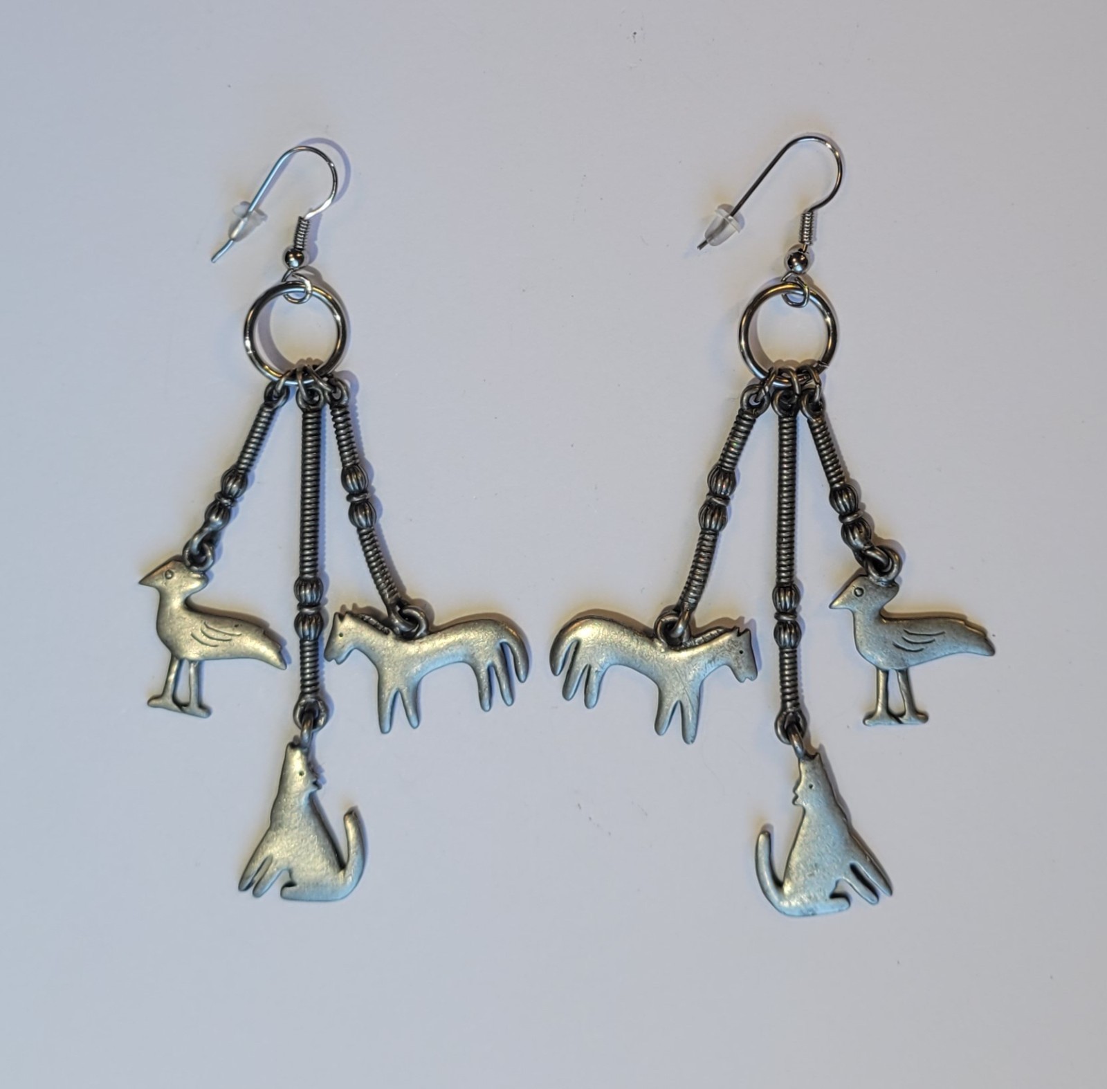 Southwestern Pewter Dangle Earrings Roadrunner Horse Coyote Or Wolf Vintage