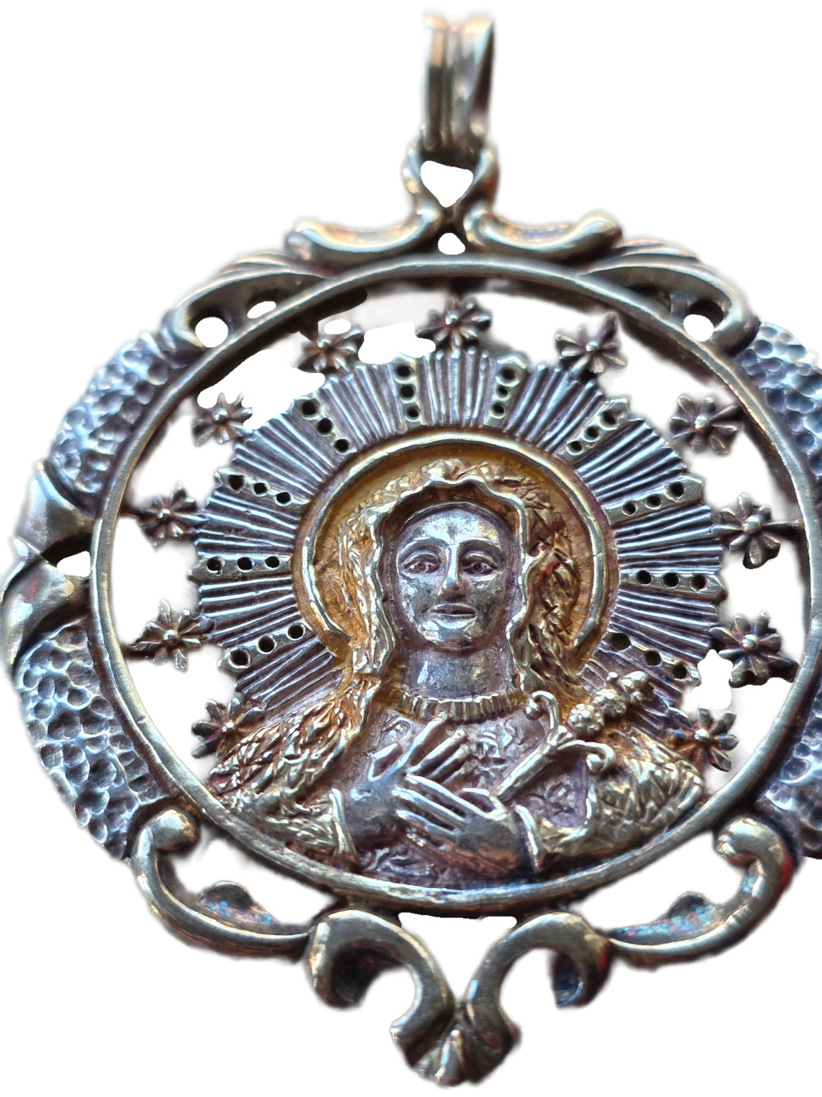 Exceptional antique solid silver Virgin Mary medallion in high relief —t Ca 1890