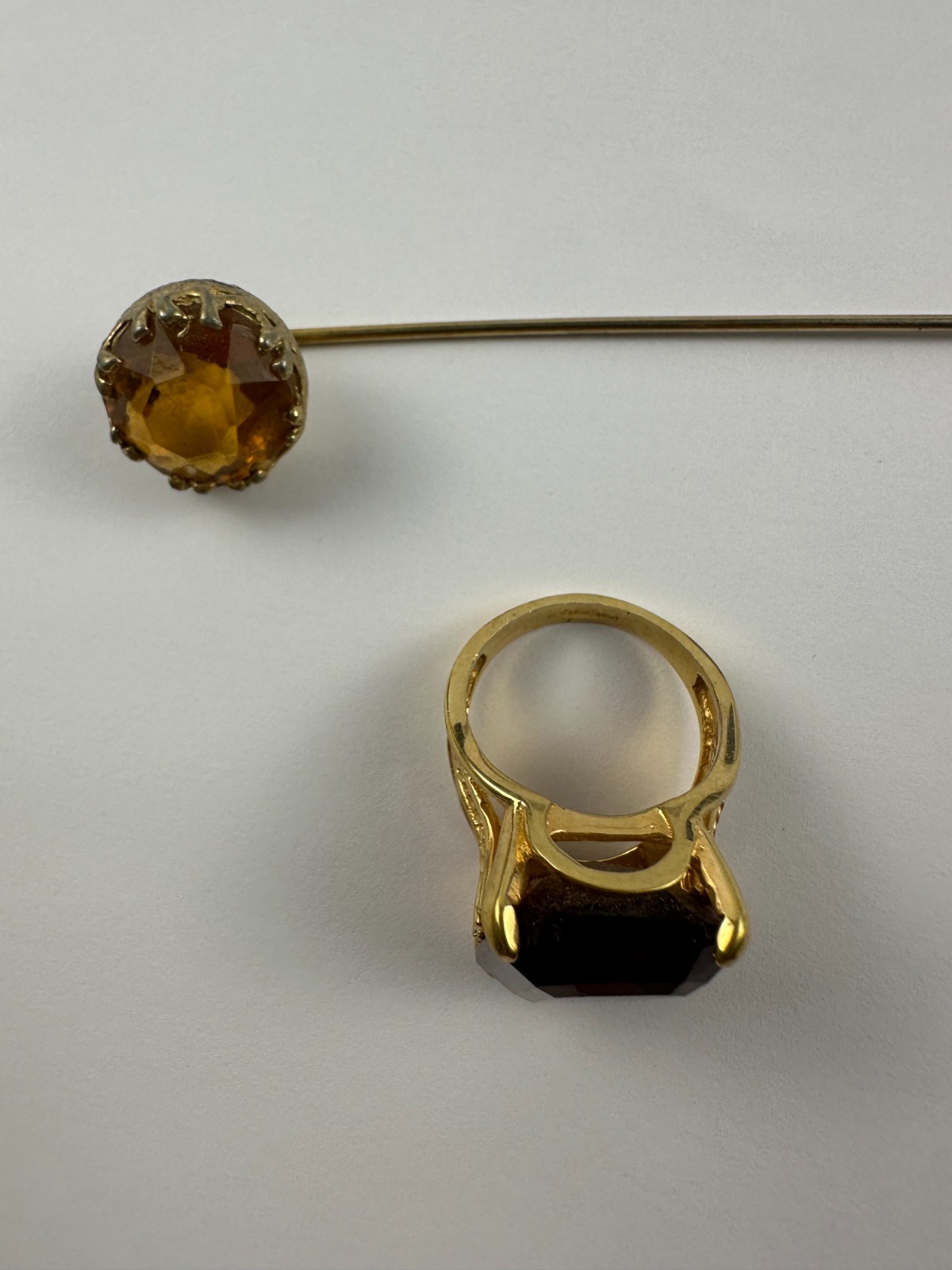 Vintage Amber Emerald Cut Cocktail Ring and Lapel Pin