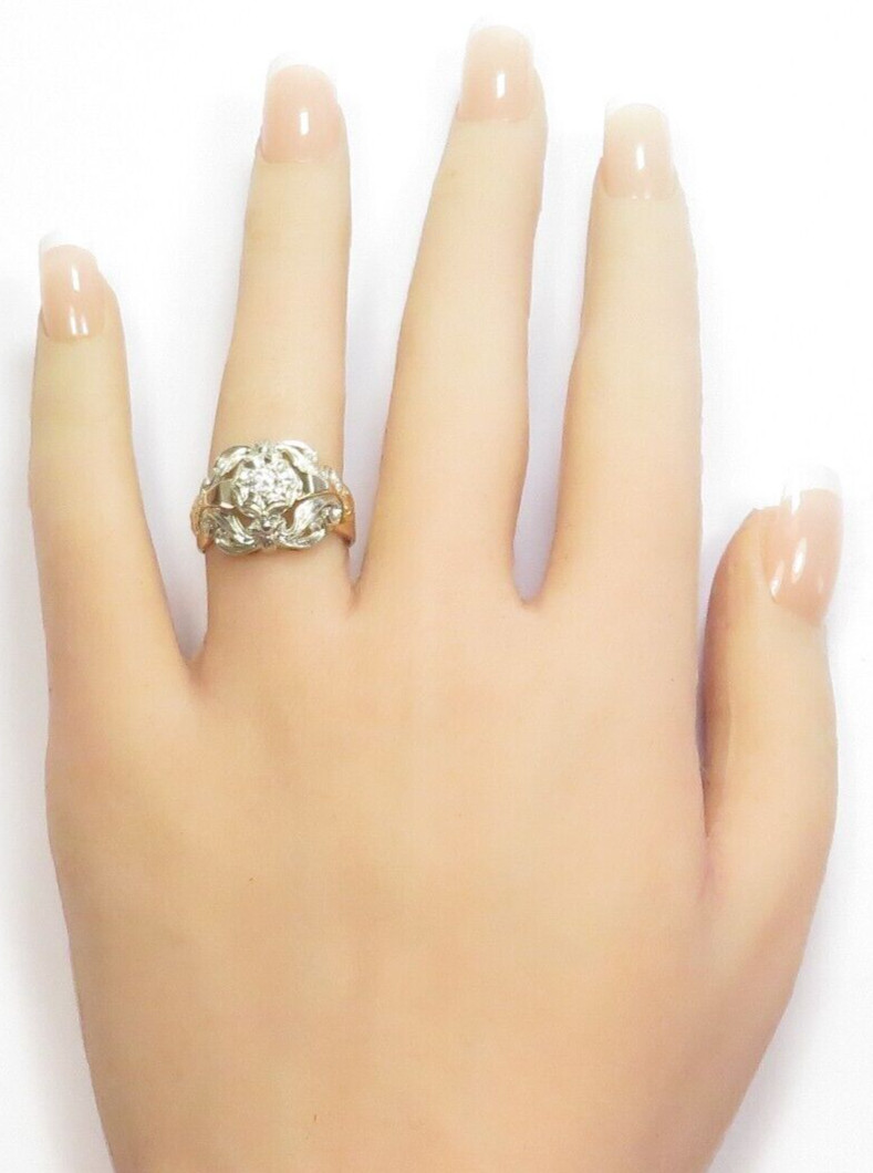 Antique 1920’s Diamond Unisex Engagement 17K Two Tone Ring Size 7.25 UK-O Deco
