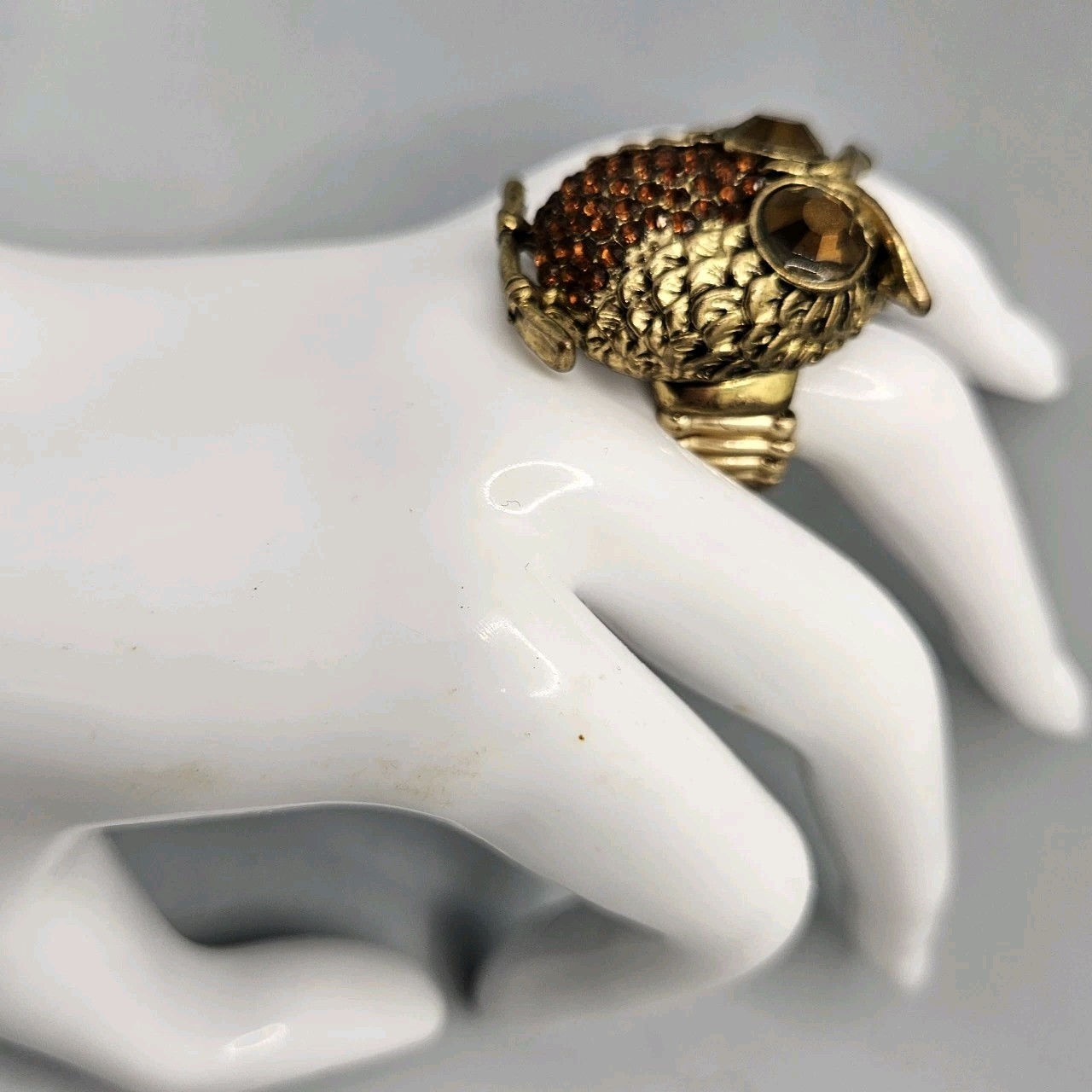 Vintage AB Rhinestone Owl Ring Gold Tone Stretch Band Chunky Large Cocktail Bird