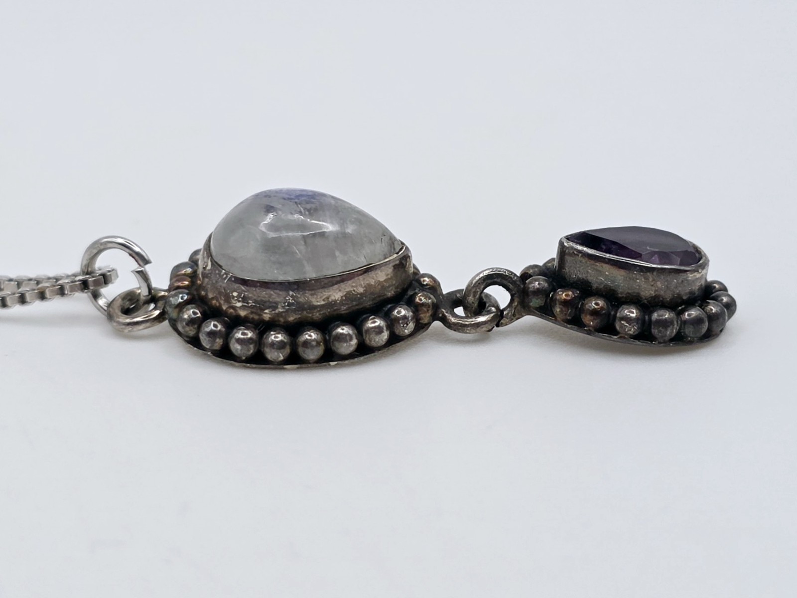 Vintage 925 Sterling Silver Moonstone Amethyst Teardrop Pendant Necklace 18″