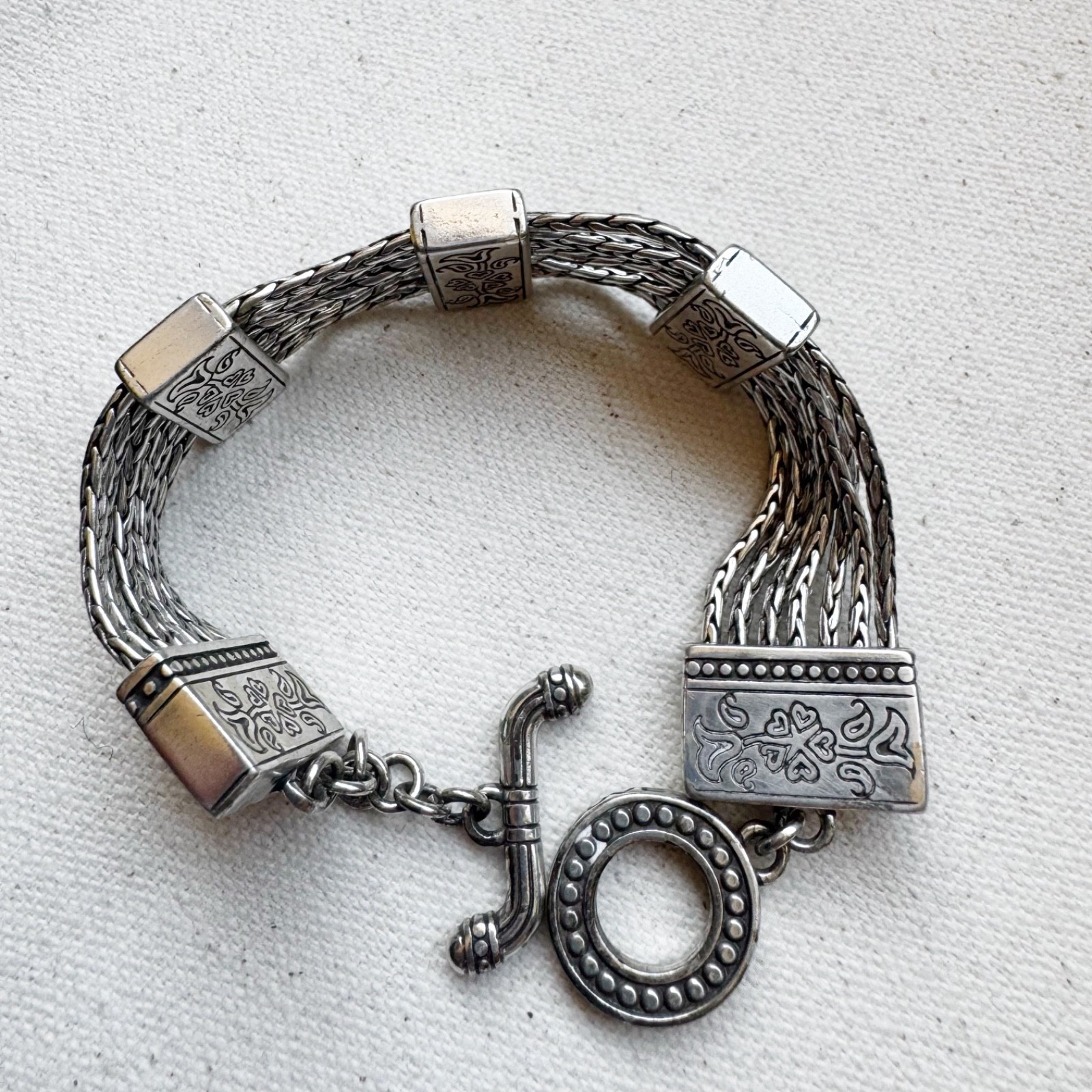 Vintage Brighton Multi Chain Hearts Flowers “Love” Toggle Bracelet Silver Tone