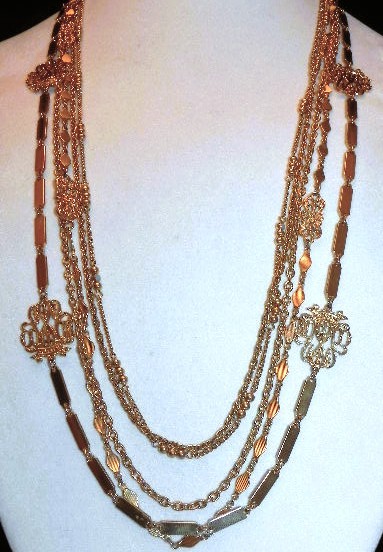 Vintage 5 Strand Gold Tone Draping 32″ 36″ Chain Necklace Bead Crown Cross Links