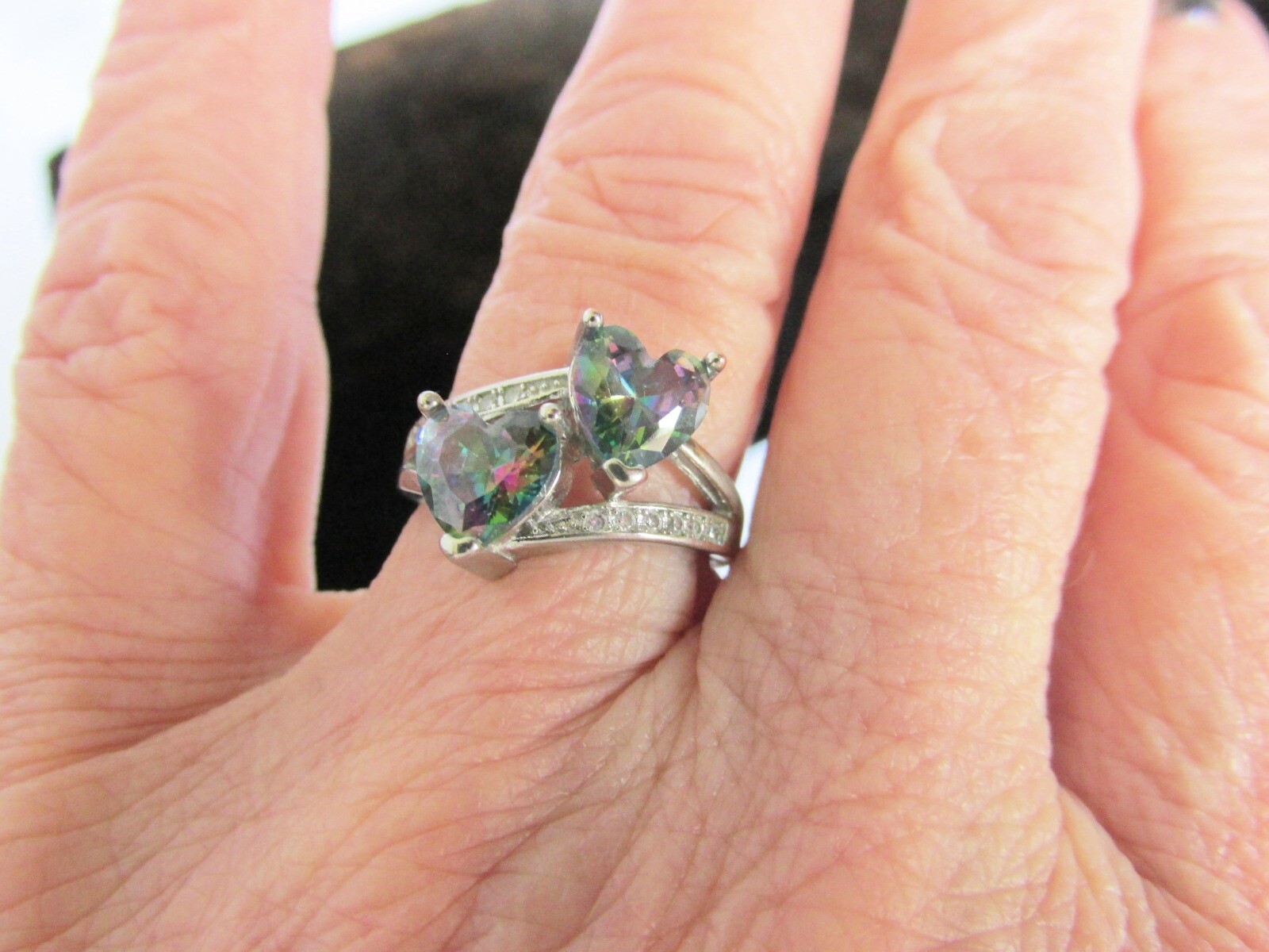 Vintage 925 Sterling Silver Mystic Topaz Double Hearts Ring Signed Sz 6