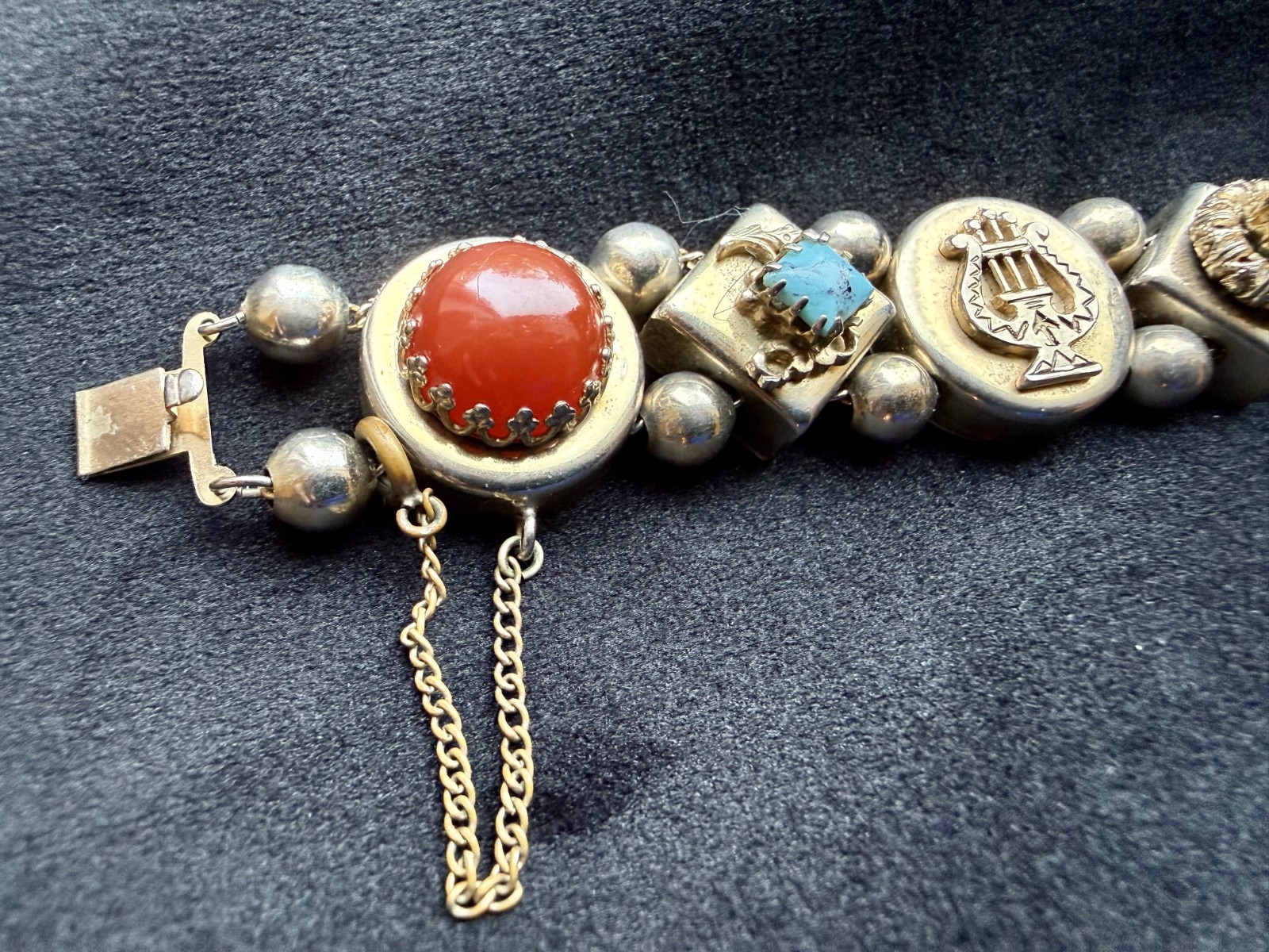 Victorian Revival Slide Bracelet with Gemstone and Shell Charms Vintage 7.5″
