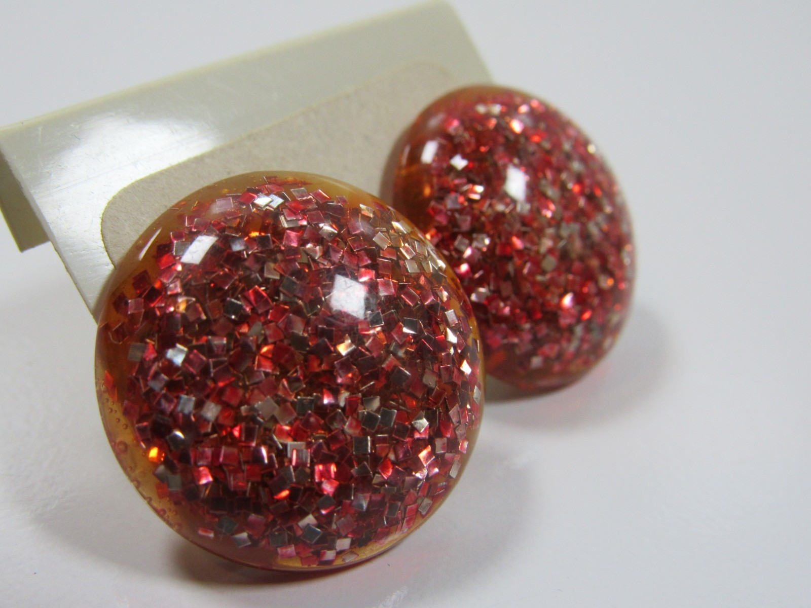 Vintage Round Stud Earrings Pink Glitter Costume Estate Jewelry #J