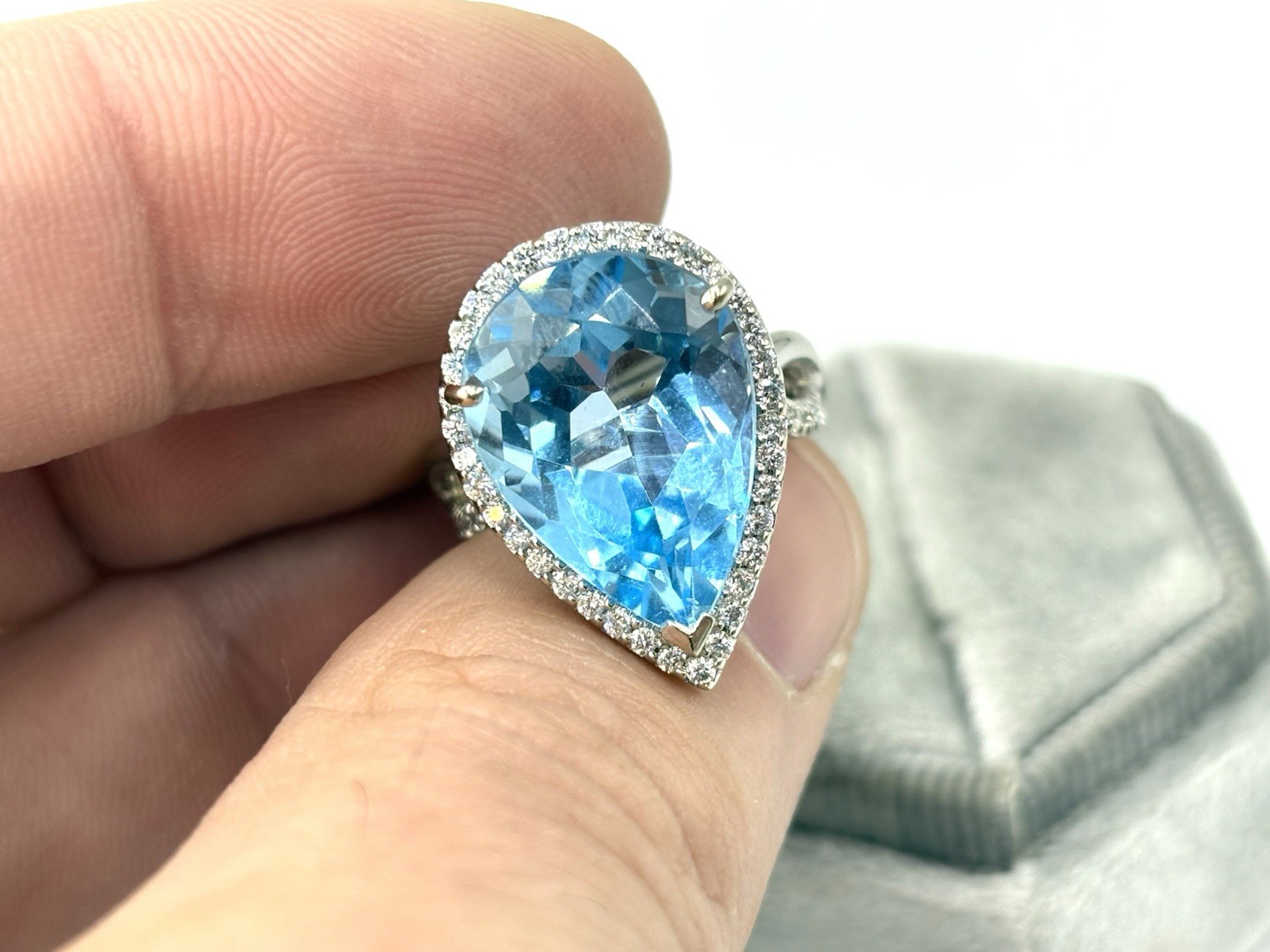 14K White Gold Pear Shape Blue Topaz Diamond Halo Ring