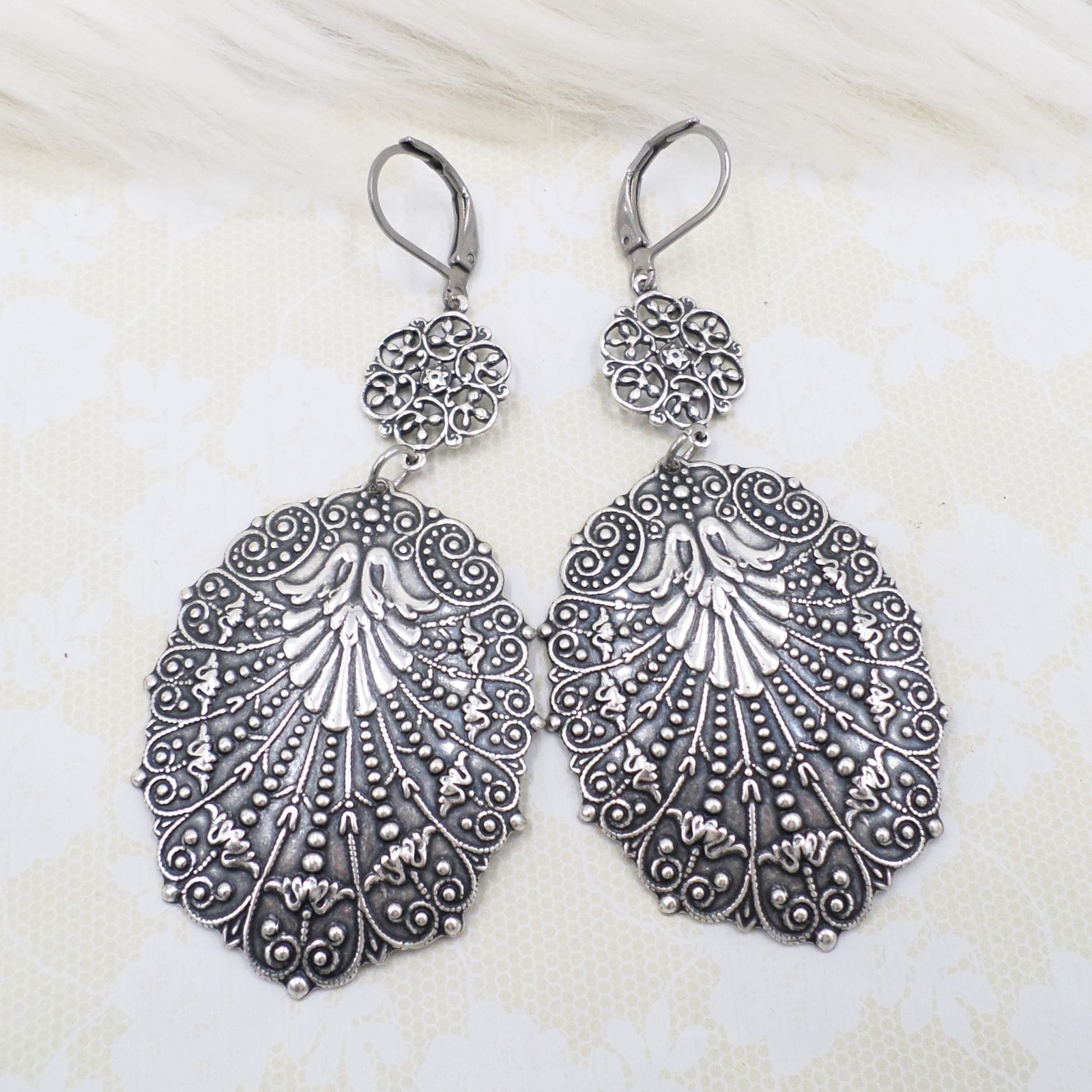 Large Antique Silver Filigree Statement Earrings, Bohemian Ethnic Style Jewelry