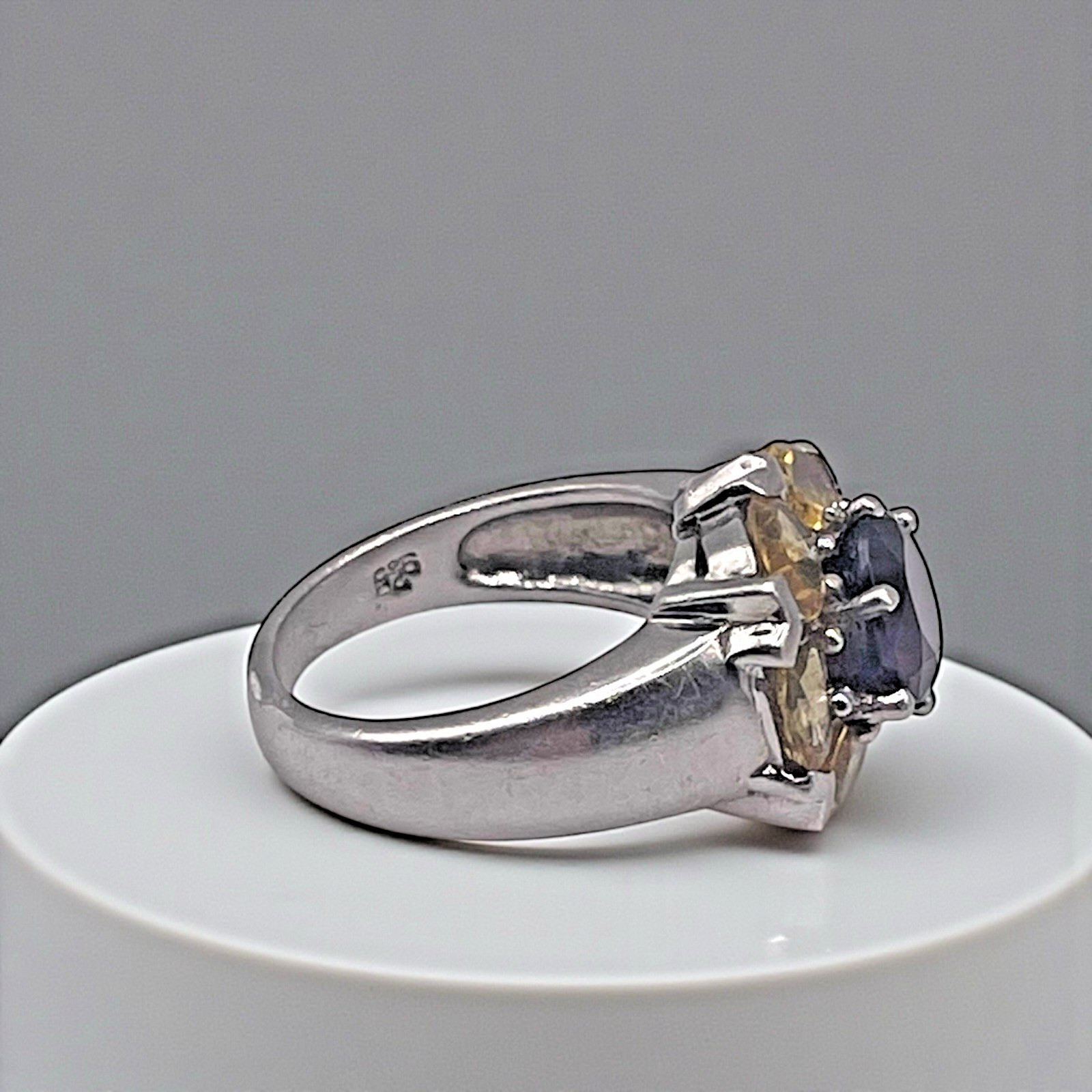 Estate Red & Yellow CZ Cluster 925 Sterling Silver Cocktail Ring, size 7