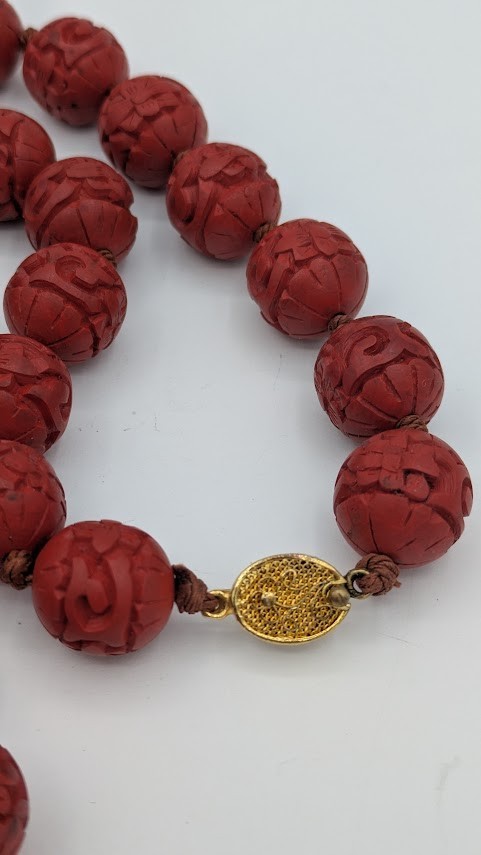 Vintage Chinese Cinnabar Bead Necklace Hand Knotted Carved Red Beads 24 In
