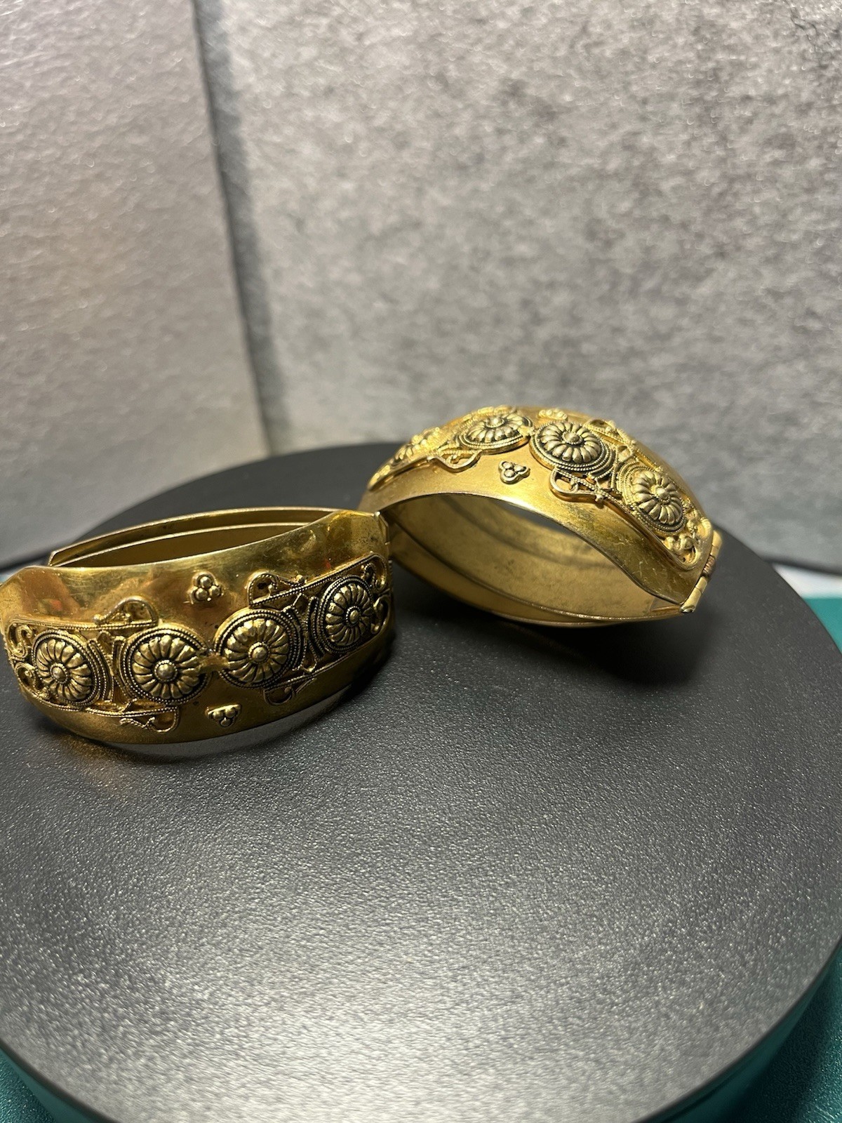 Vintage Etruscan Revival Hinged Cuff Bracelet Pair Gold Tone Cannetille Jewelry