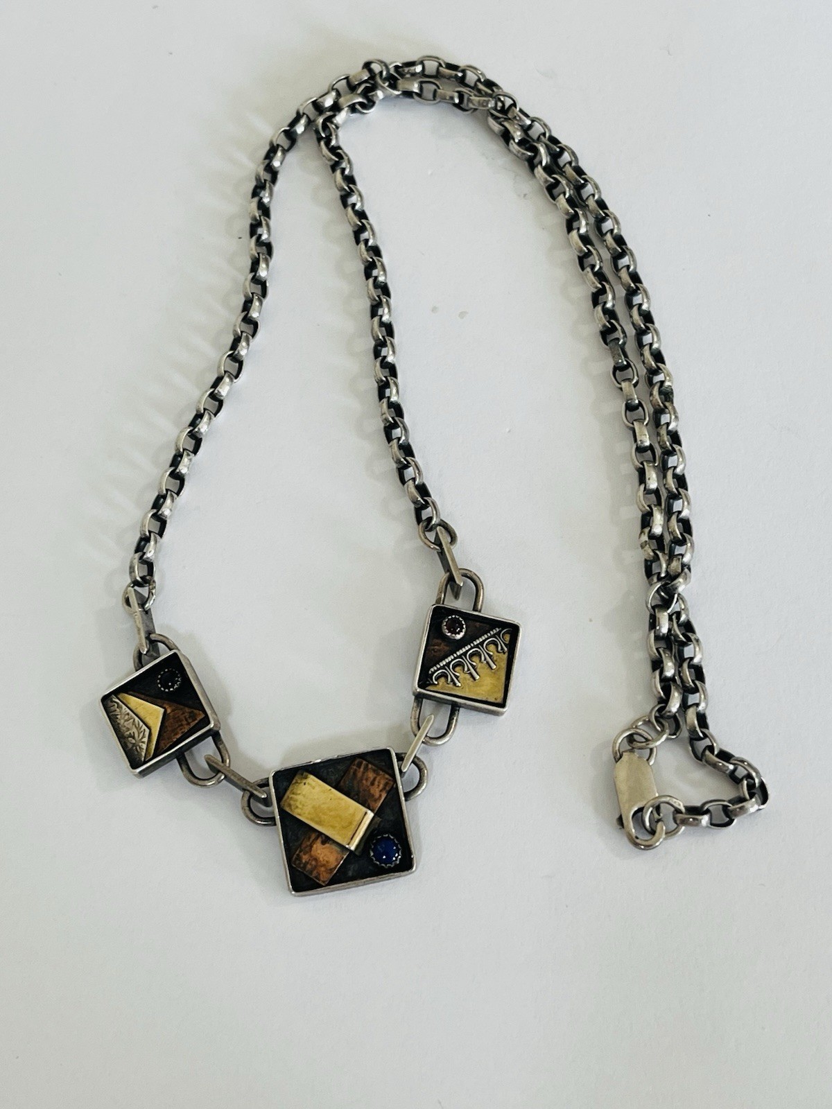 Vintage Signed Modernist Mixed Metal Sterling Silver Stone Link Necklace 32Grams