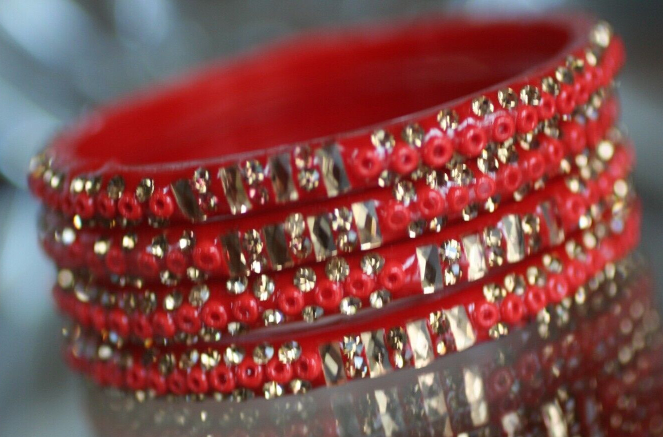 VINTAGE *FOUR RED BEADED PLASTIC BANGLES W/GOLD PIPING* VERY SMALL WRIST ONLY