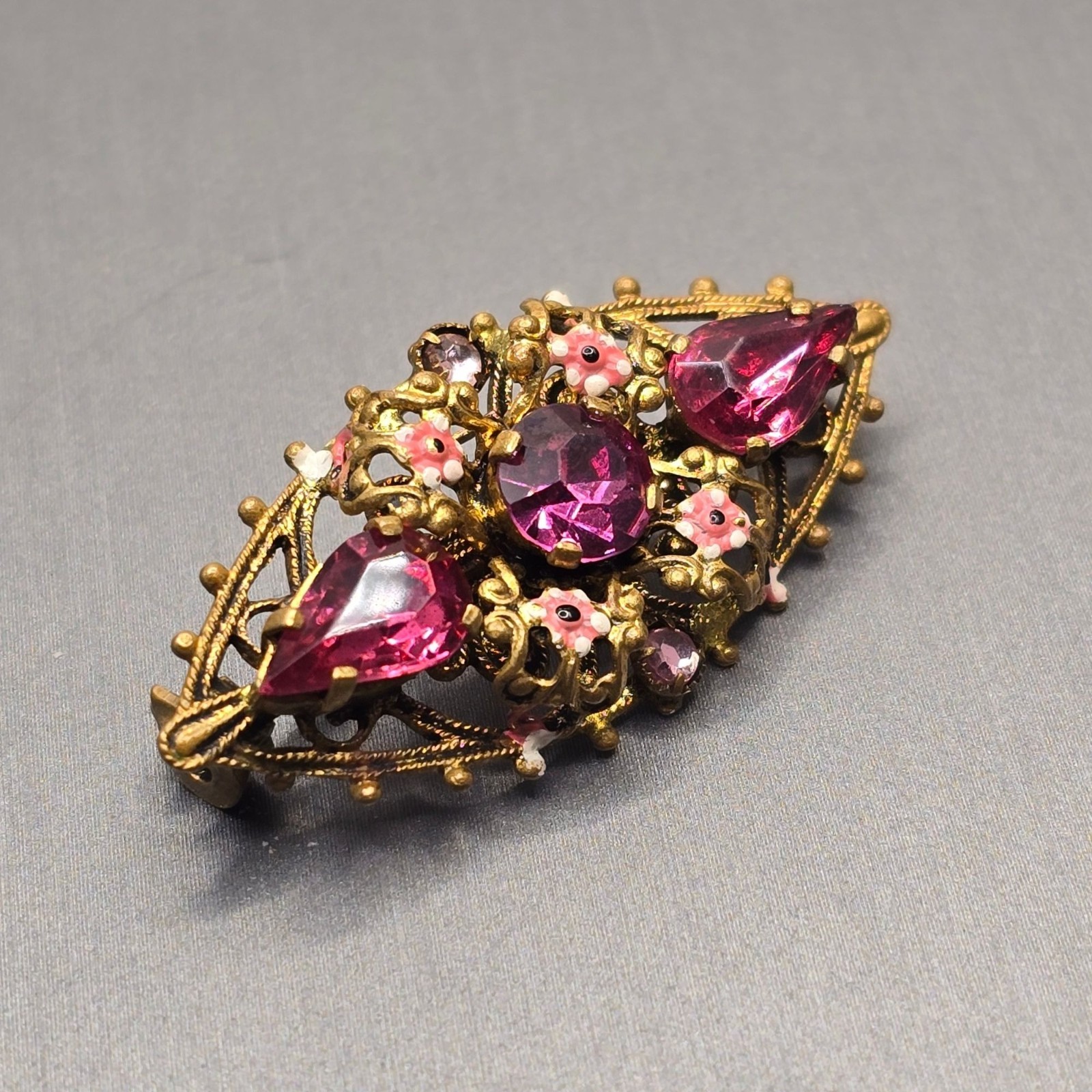 VTG Czecho Pink Rhinestone Brooch 1.5″ Floral Enamel Gold Tone Pressed Metal