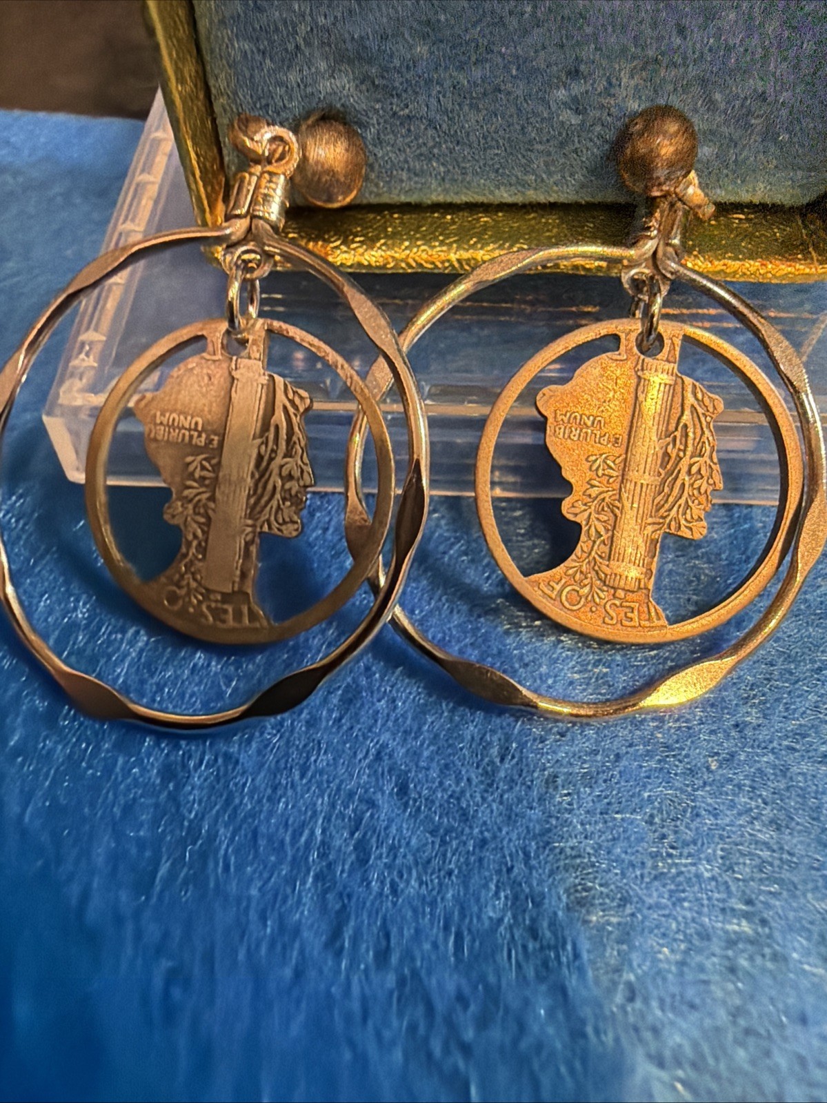 Estate Vintage Silver Pierced Double Hoop Mercury Dime cut out earrings 1935@43