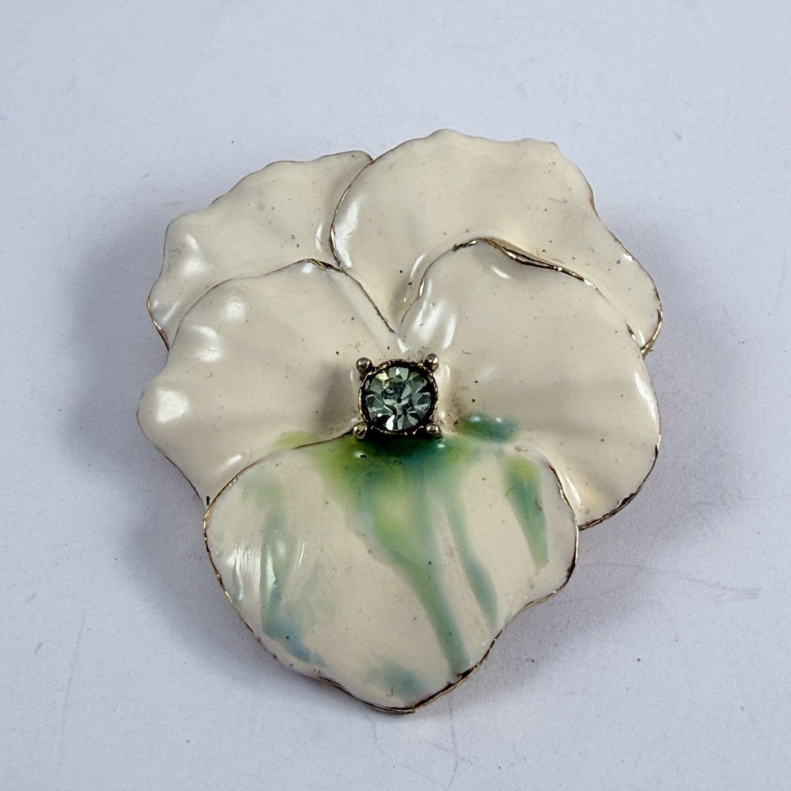 Vintage Enameled Off White & Green Rhinestone Pansy Flower Brooch Pendant