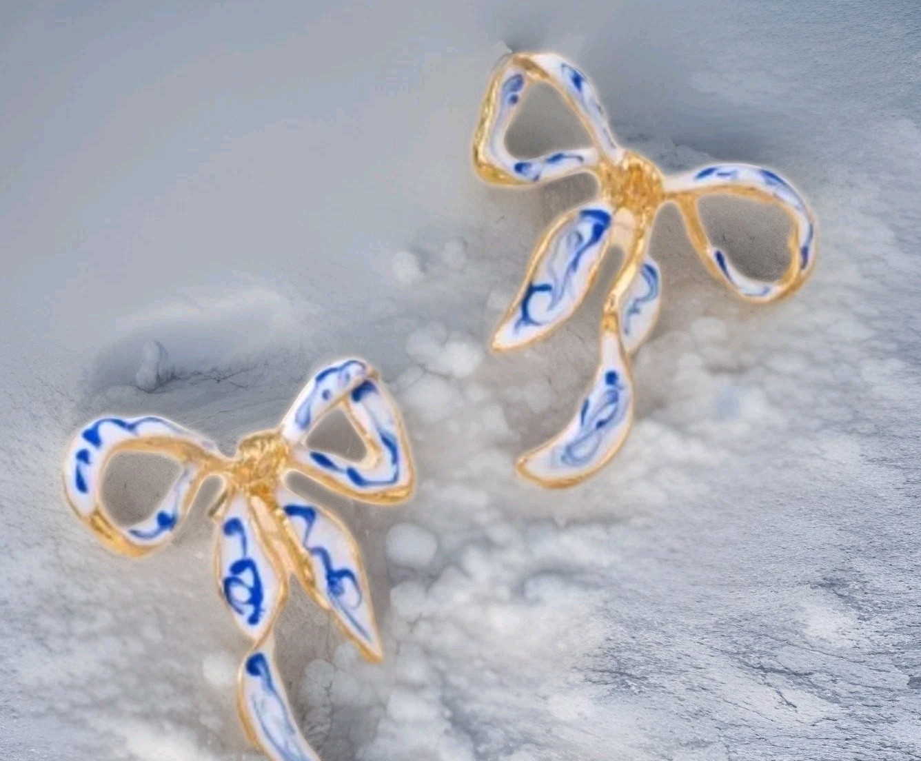 Stunning Goldtone Blue&white Enameled Stud Bow Earrings