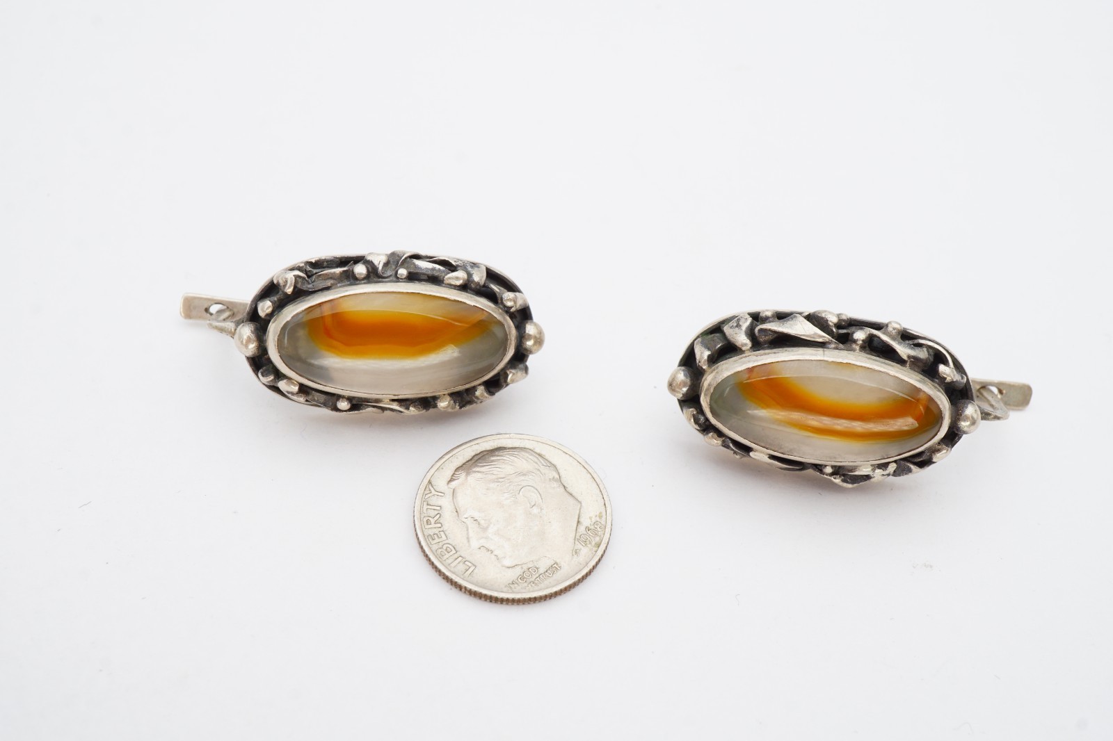 Vintage Sterling Silver 925 Agate Earrings Modernist Brutalist
