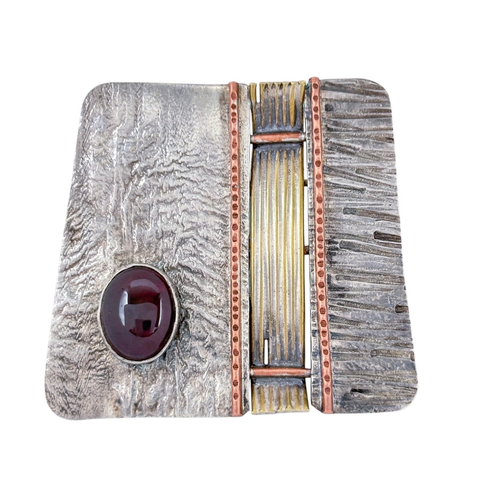 Artisan Sterling Silver 925 Mid Century Modern Mixed Metal Garnet Pin Brooch