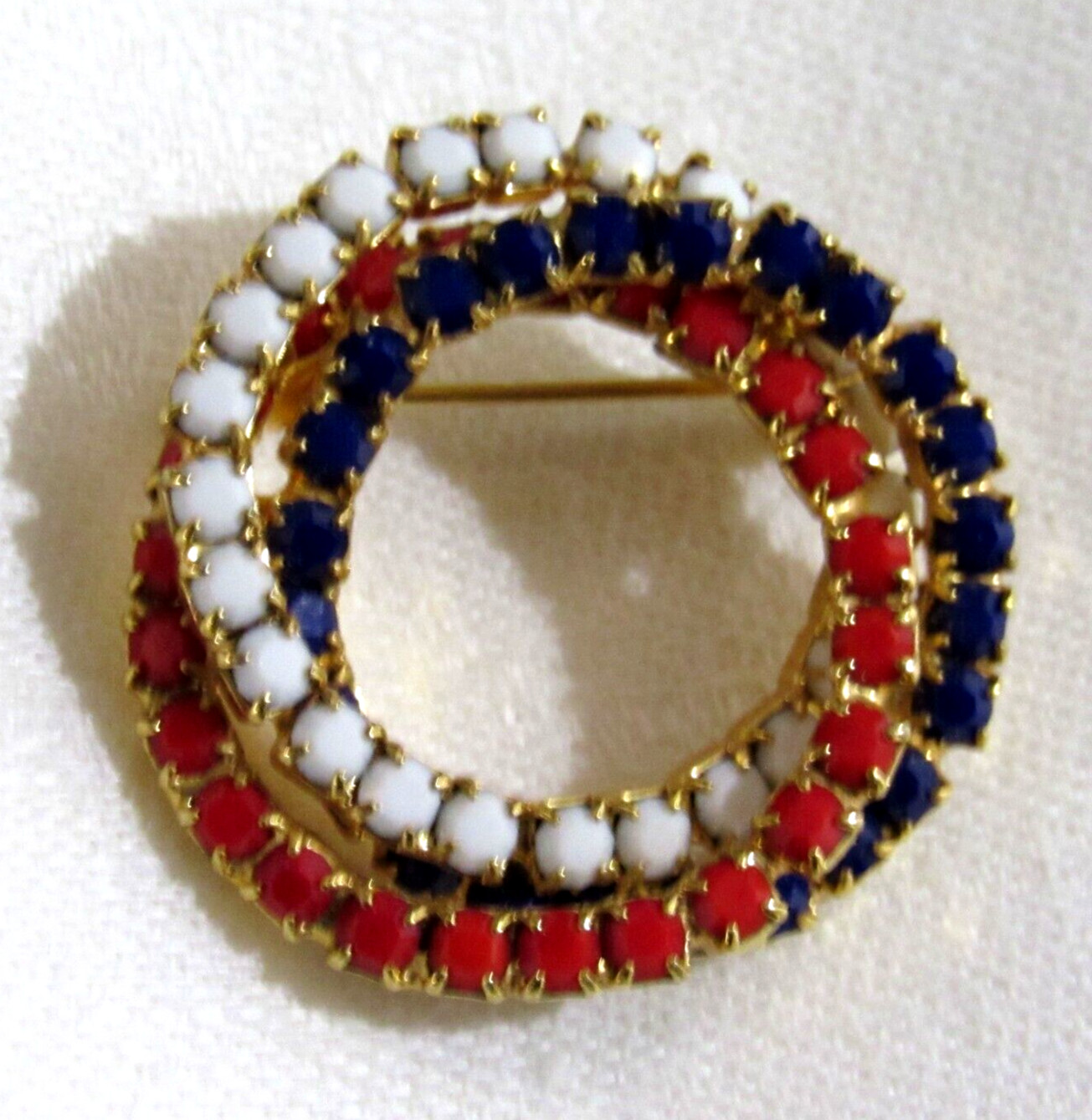 Vintage Beaded Circle Pin Red White and Blue Pronged 1 3/8″ USA 1950s