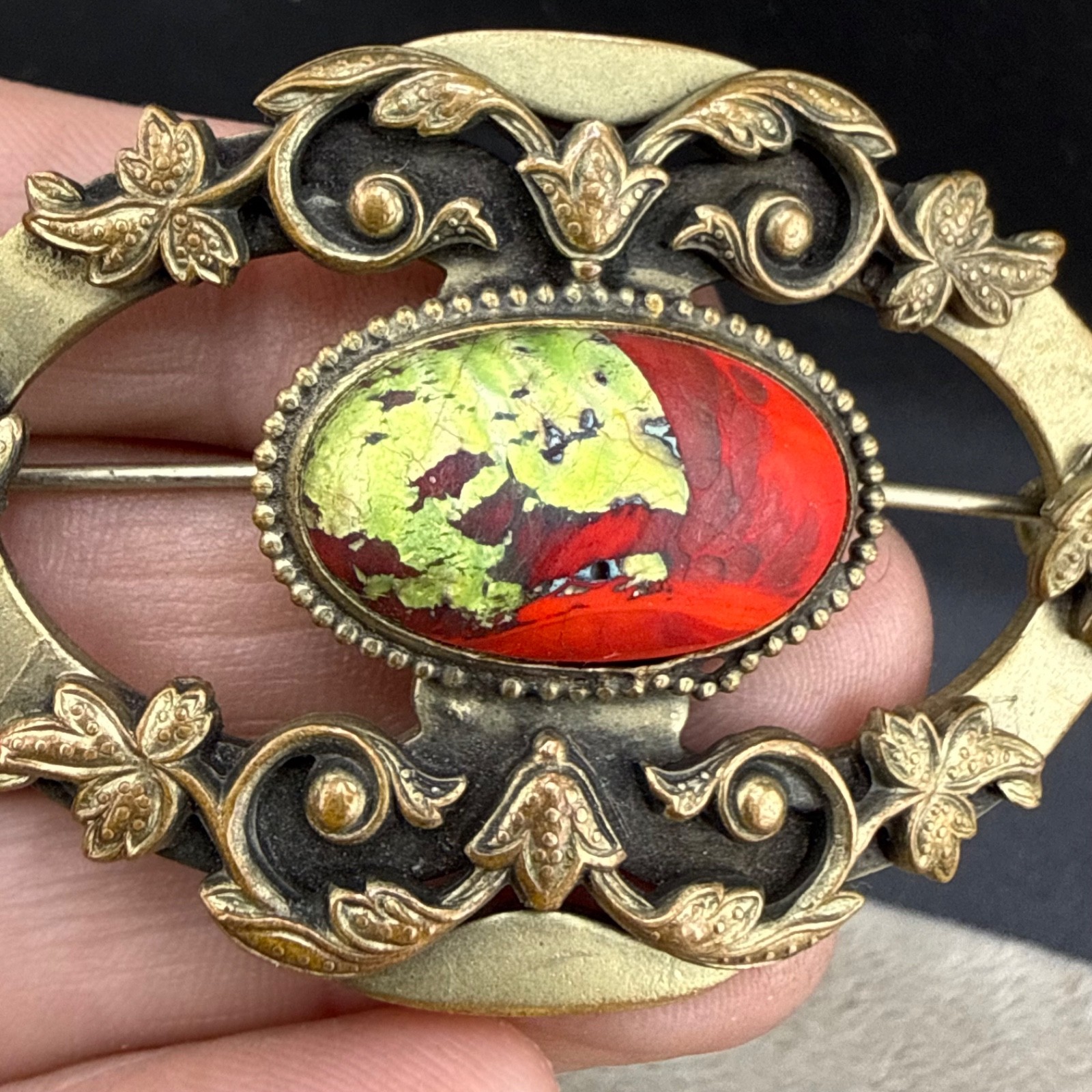 Vintage Victorian Czech Foil Art Glass Brooch Sash Pin Red Green