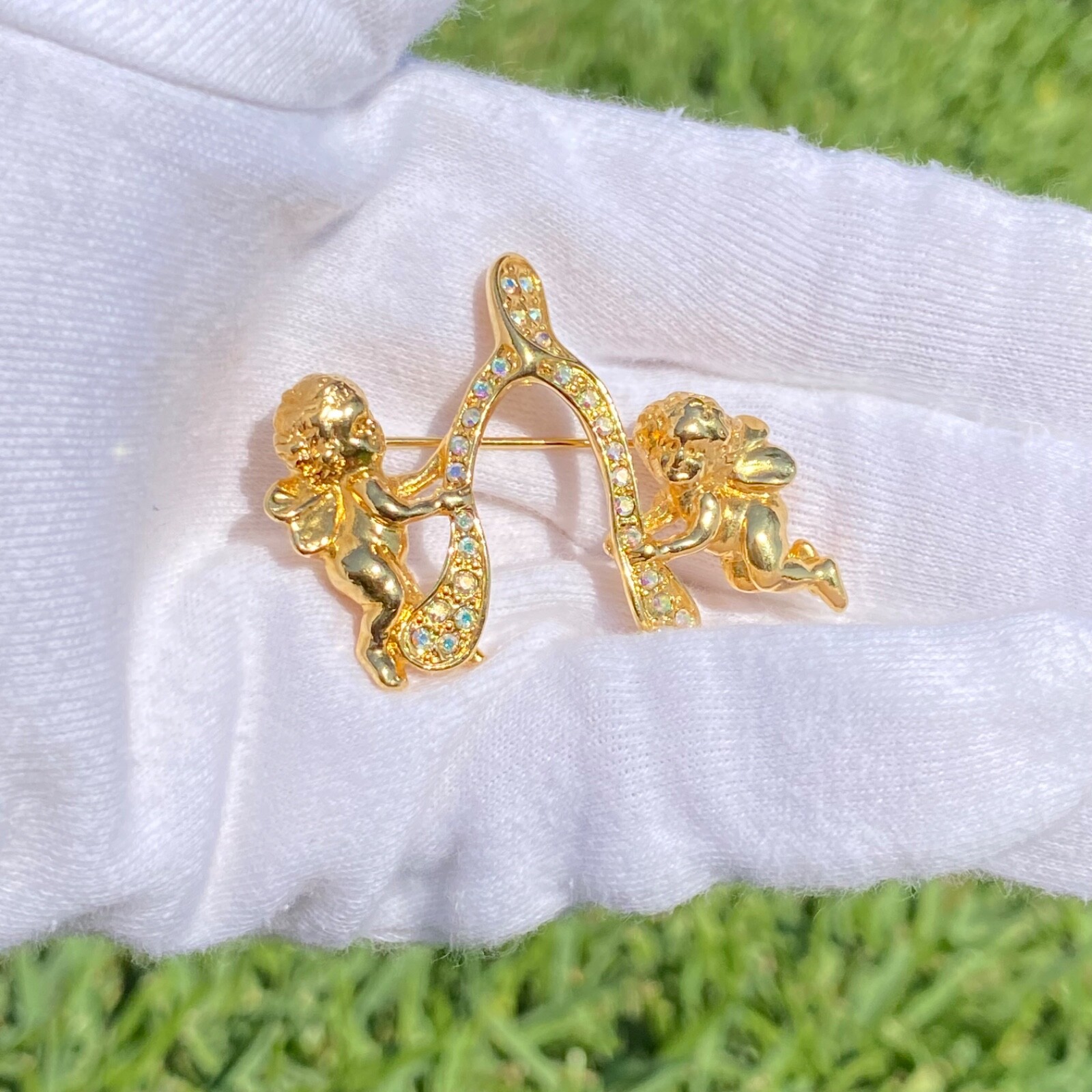 Sparkling Kirk’s Folly Signed Gold Tone Angel Cherub Wishbone Brooch Pin