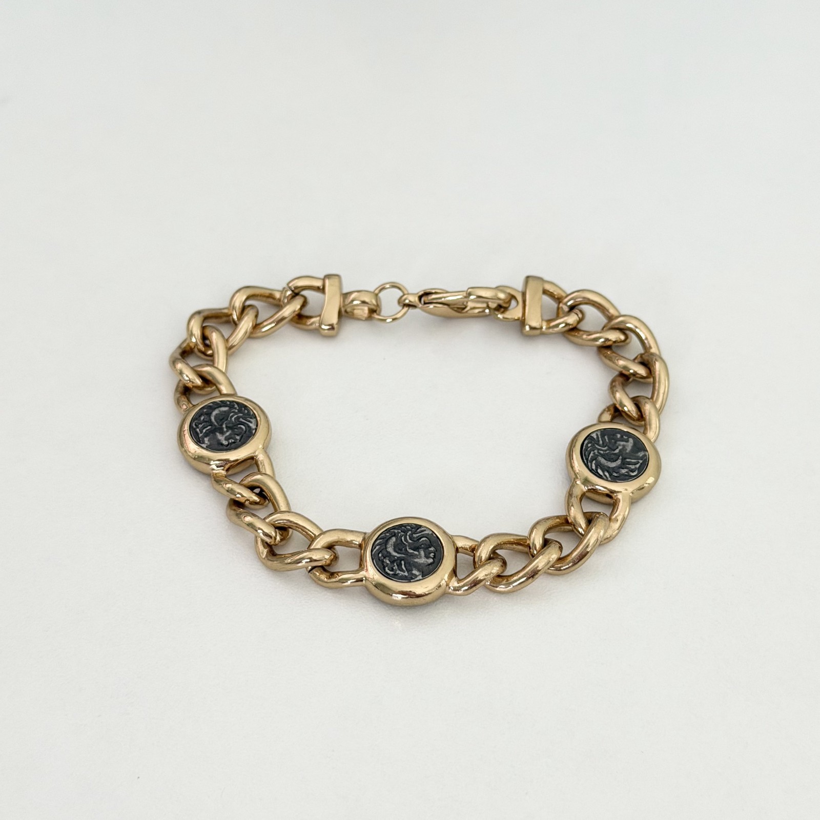 Vintage Gold Tone Silver Roman Coin Chunky Curb Chain Link Bracelet 7.5″