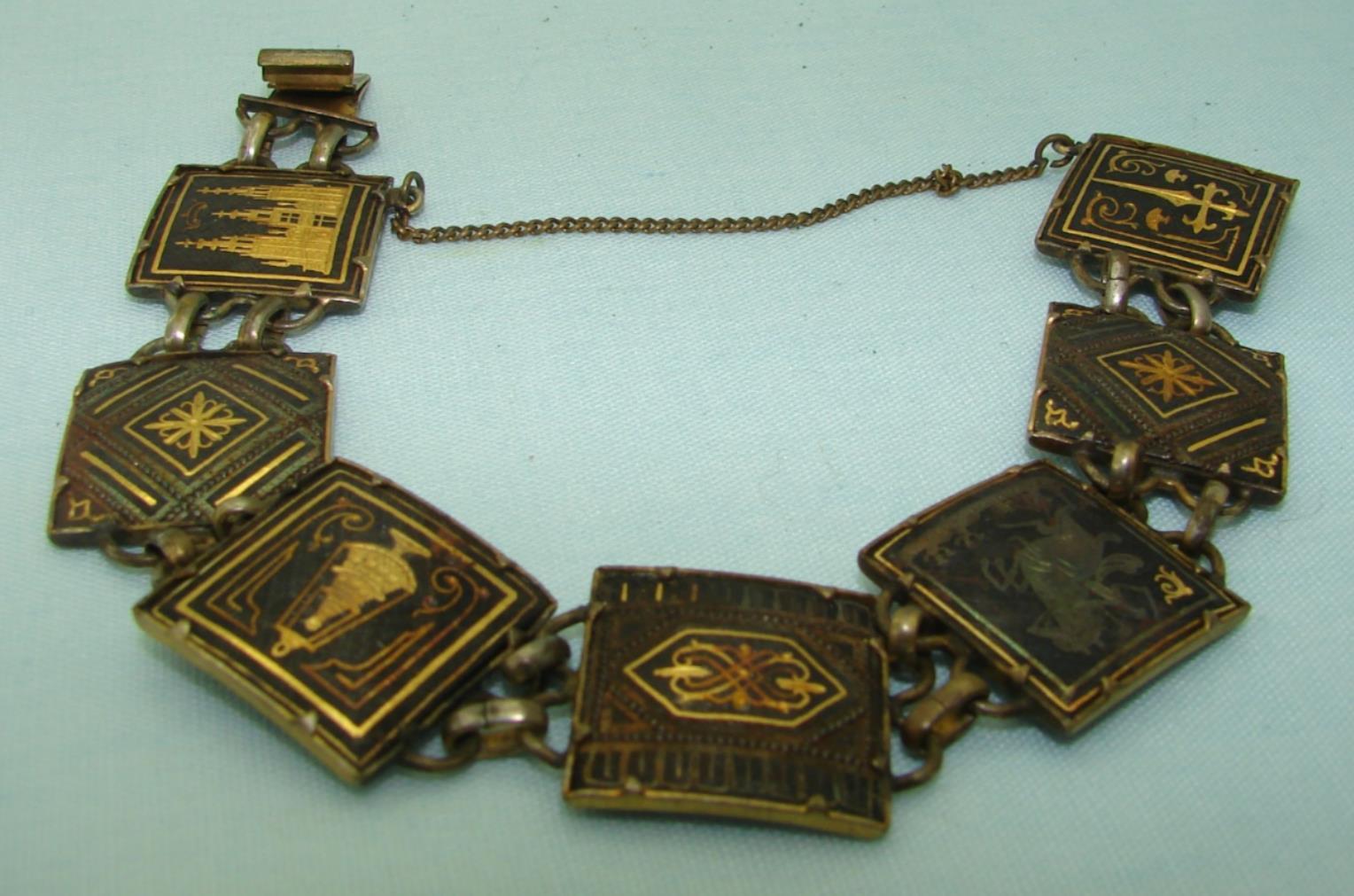 Vintage Damascene Toledo Spain Buildings Horse Solider Designs Link Bracelet