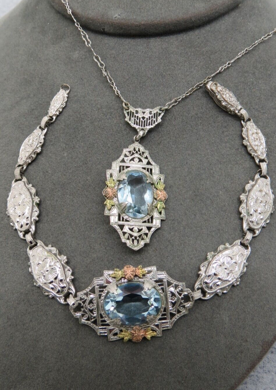 Antique Necklace Bracelet Silver Filigree Purple Stones Rose Gold Accent Flower