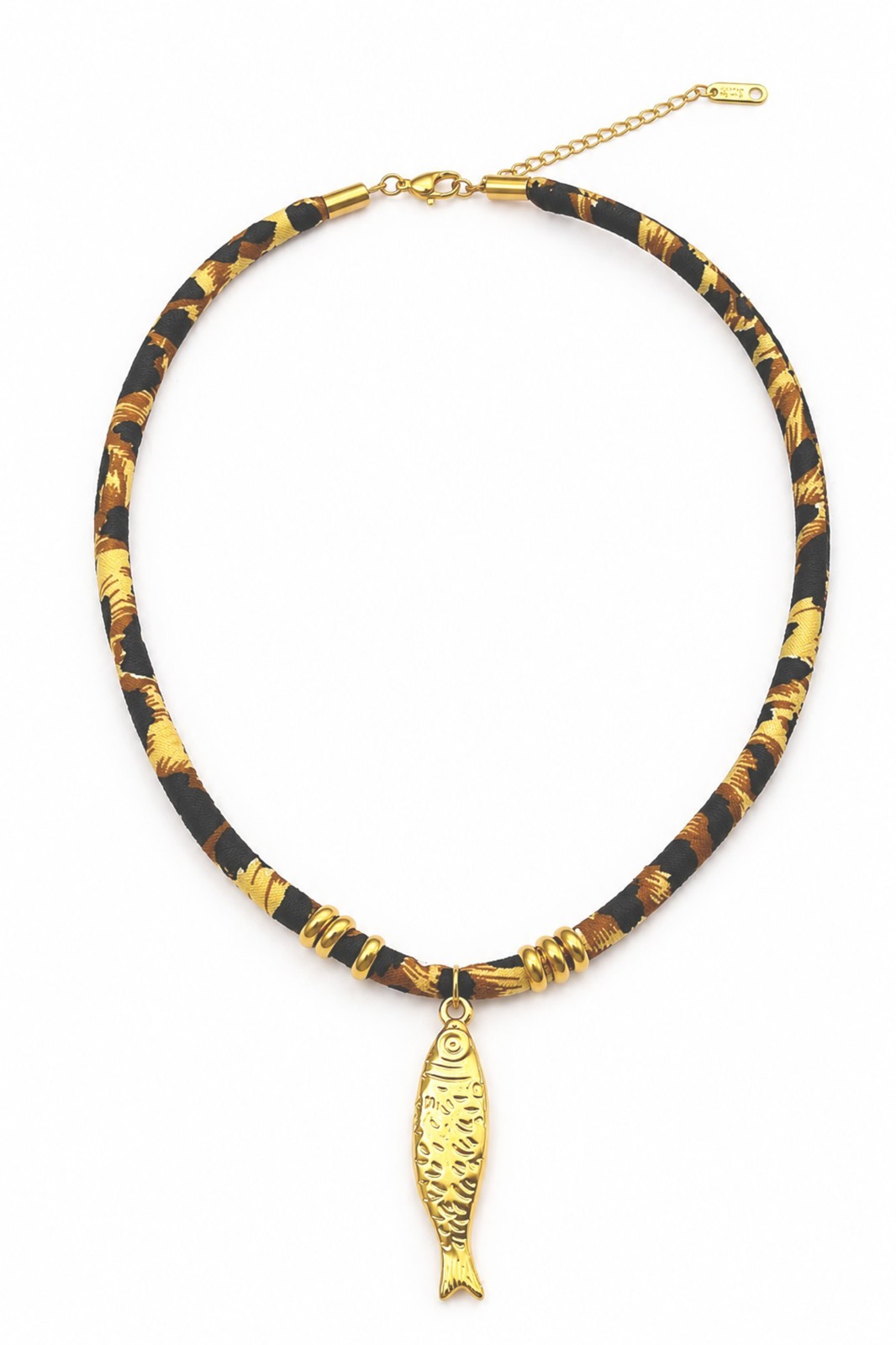 18K Gold Plated Fish Pendant Necklace Leopard Print Fabric Cord Choker Jewelry