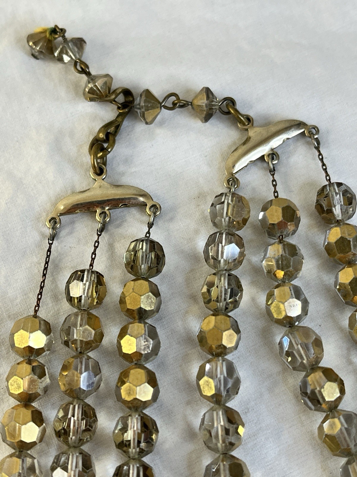 Silver Gold AB Beaded Necklace and Clip On Earrings Set Three Strand Necklace