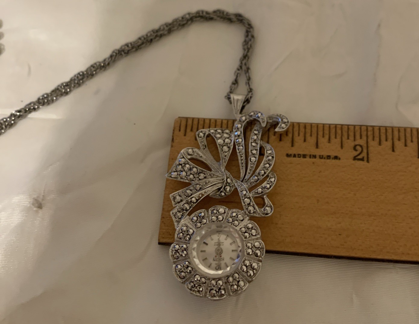 Vintage Hilton Watch Necklace 24.5” Pendant Manual Wind Marcasite Silver Tone