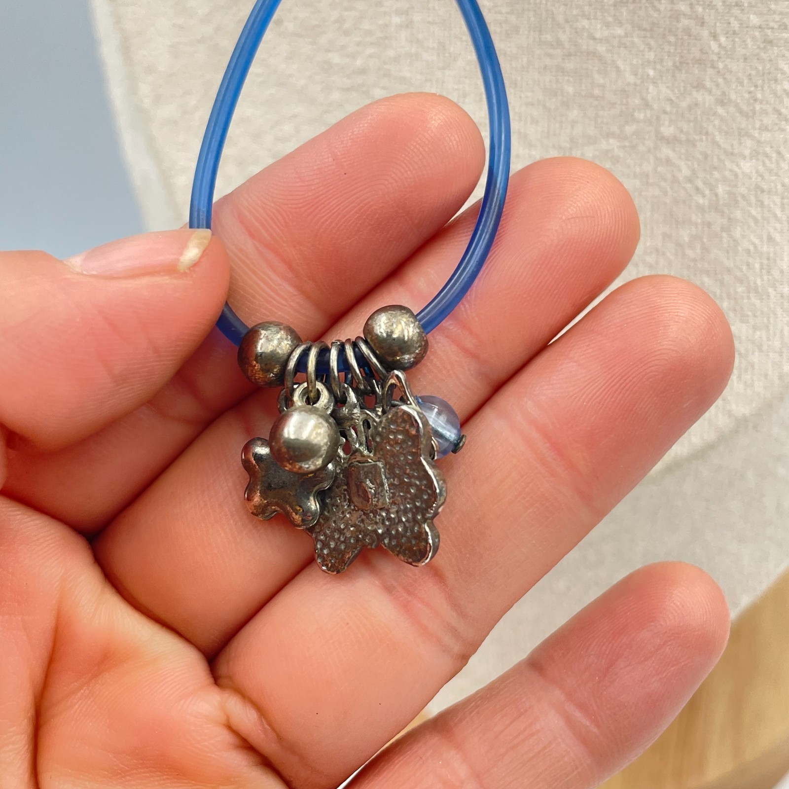Vintage Y2K Blue Rubber Cord Necklace Butterfly Flower Charms Enamel Goth Grunge