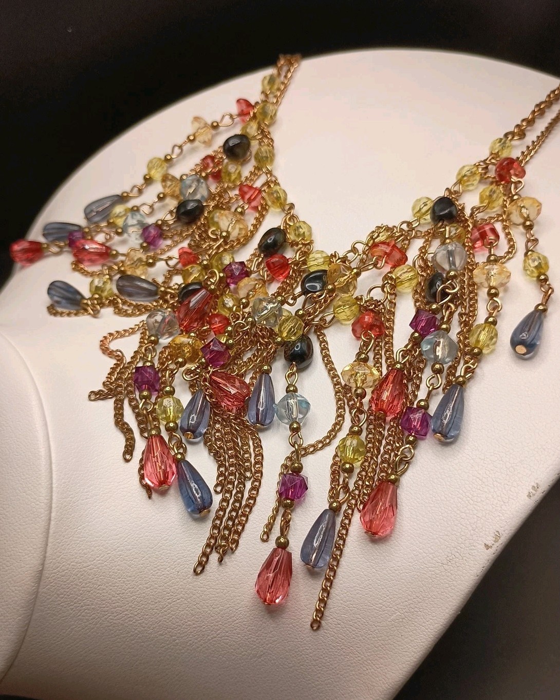 Vintage Beaded Tassel Necklace Bib Fringe Brass Gold Tone Multicolor 21″ READ