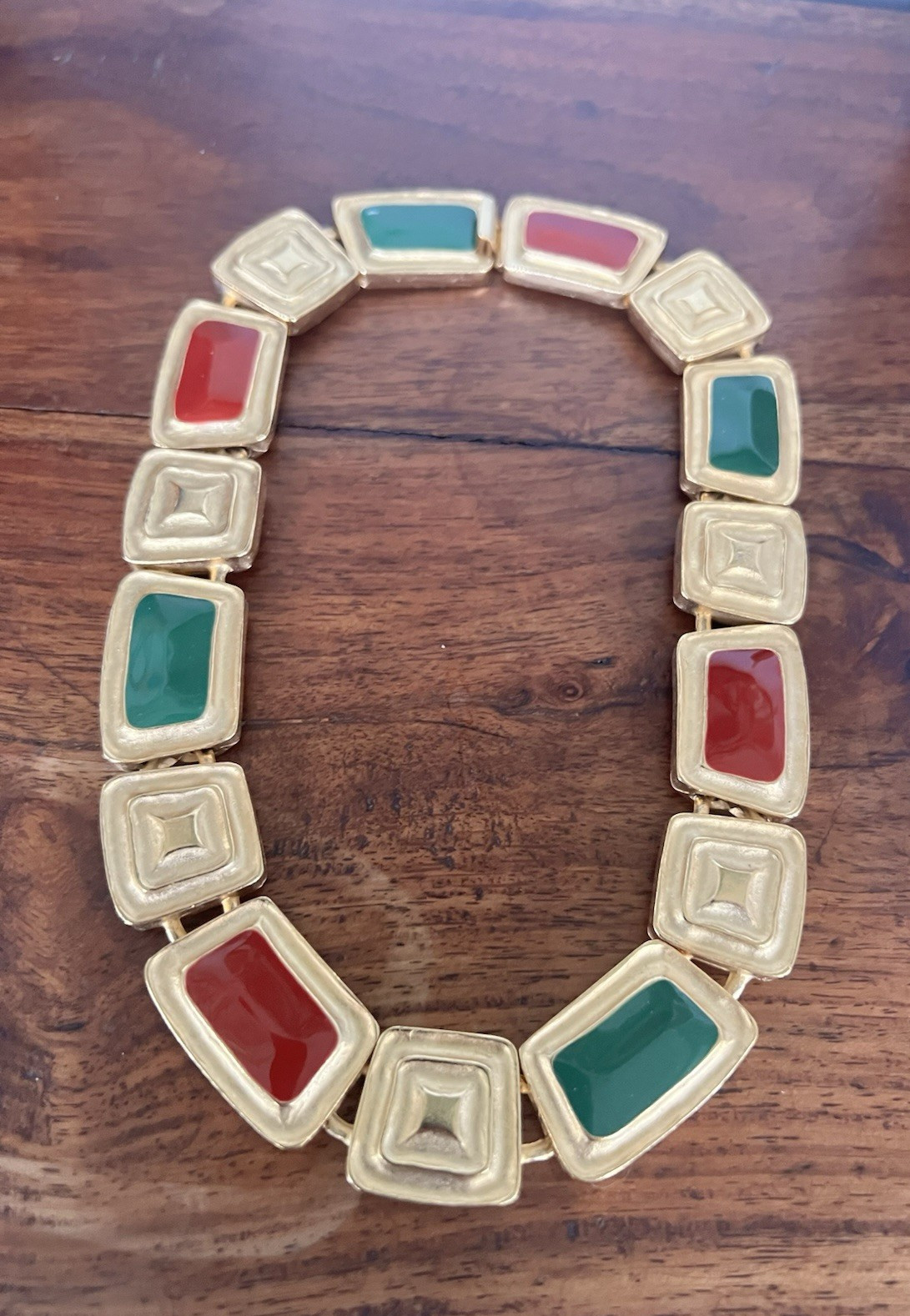 Vintage Green & Red Enamel Panel Chunky Gold Plated Necklace 16 1/2″