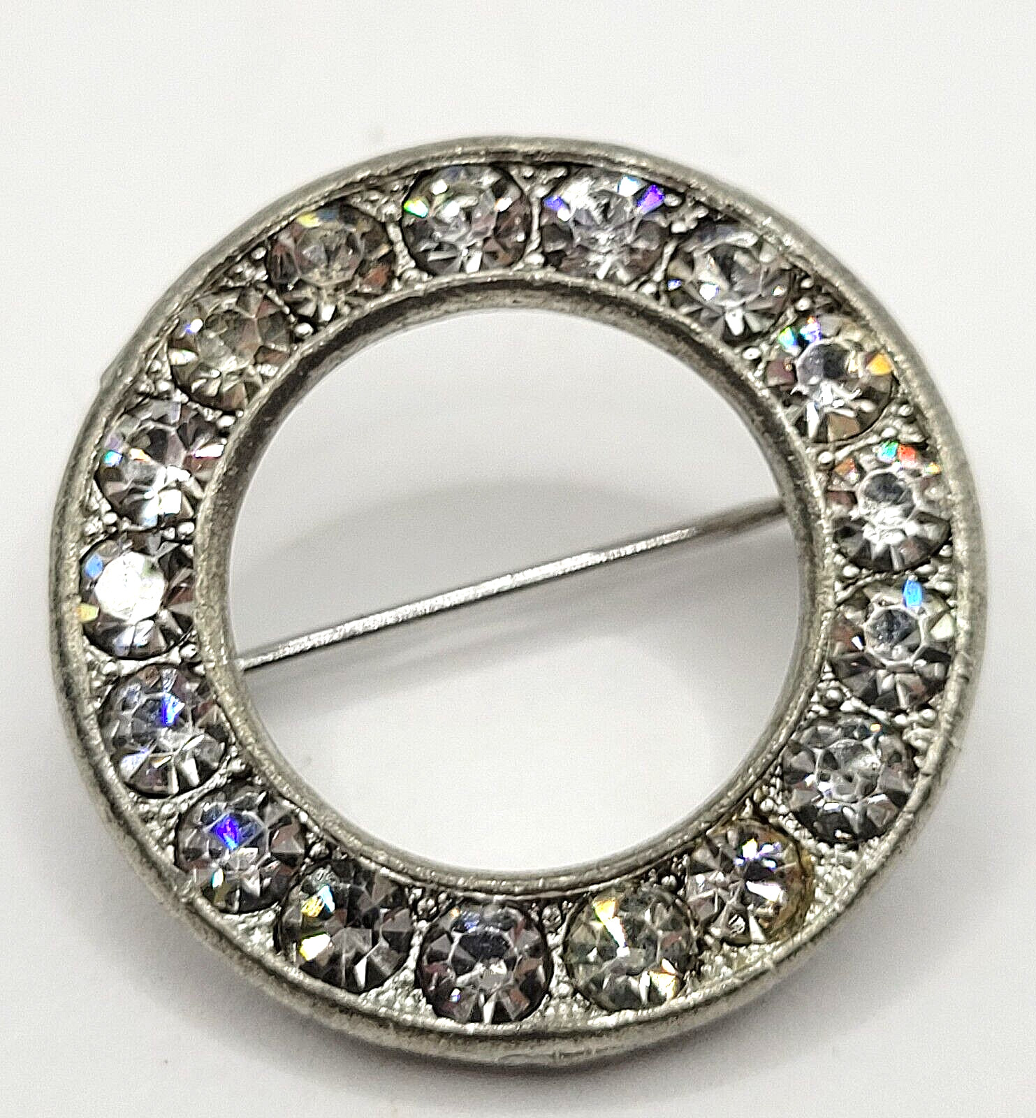 Sparkly Rhinestone Ring Circle Silver Tone Scatter Scarf Brooch Pin Vtg 1970s